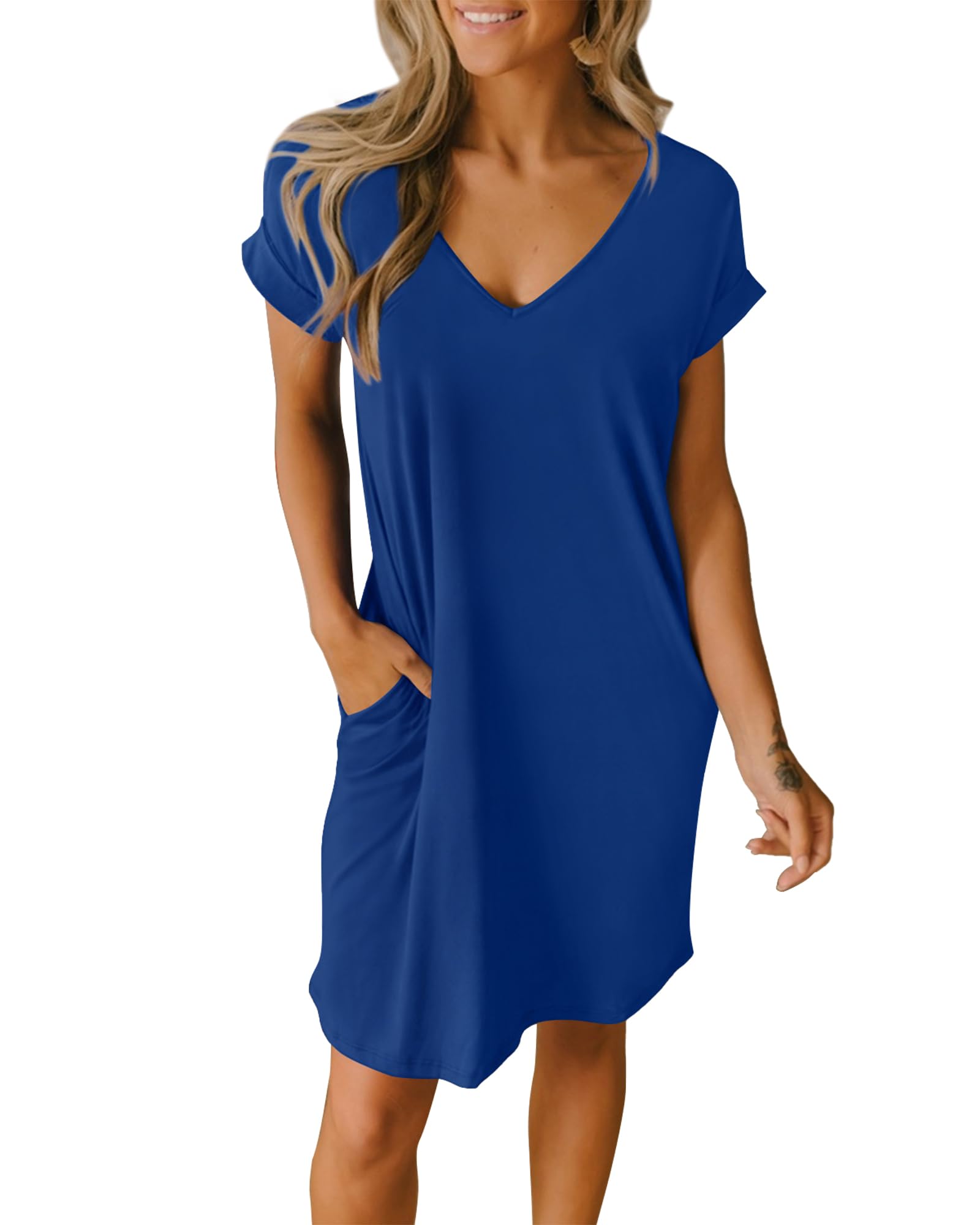 BTFBM Women's V-Neck Short Sleeve Summer Dress 2025 - Spring Casual Loose Tunic T-Shirt Dress with Pockets | Perfect for Beach, Vacation & Lounge Wear
