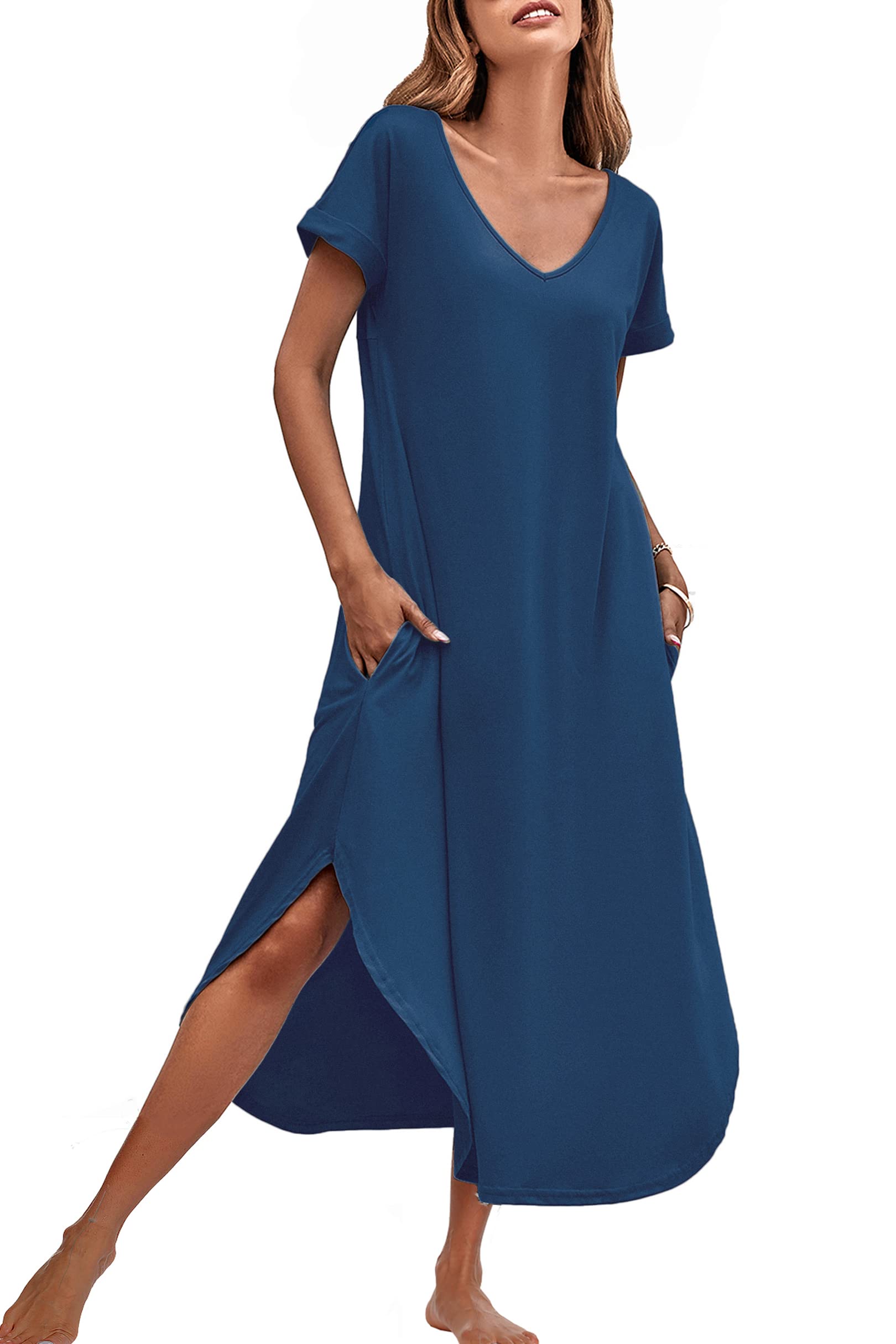Ekouaer Women's V-Neck Nightgown - Soft Short Sleeve Sleepwear with Side Pockets, Long Nightdress Sizes S-3XL - Perfect for Relaxing at Home, Lounging & Comfortable Sleep