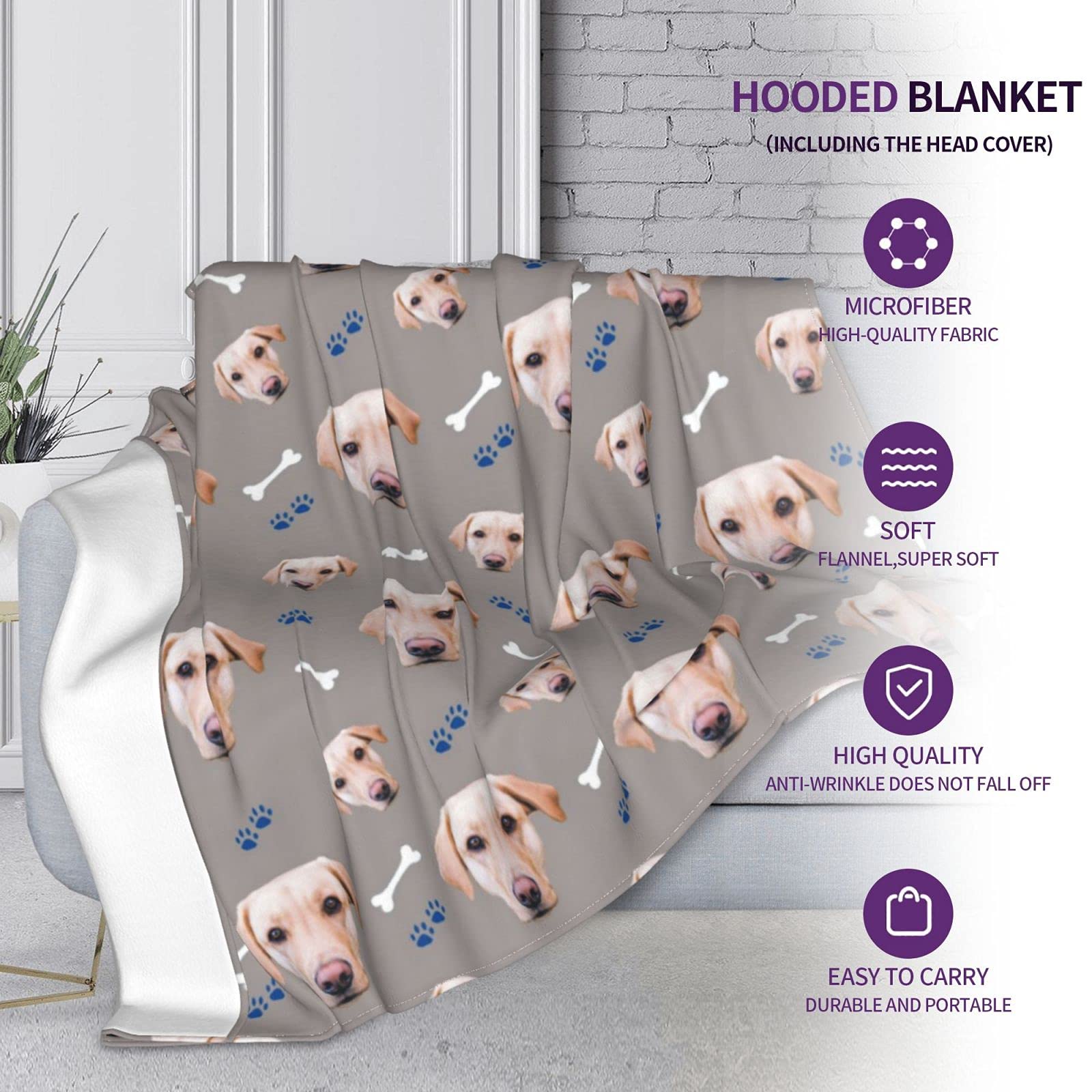 Custom Hooded Blankets with Pet Photos - Personalized Dog Face Blankets for Kids, Women & Men (50