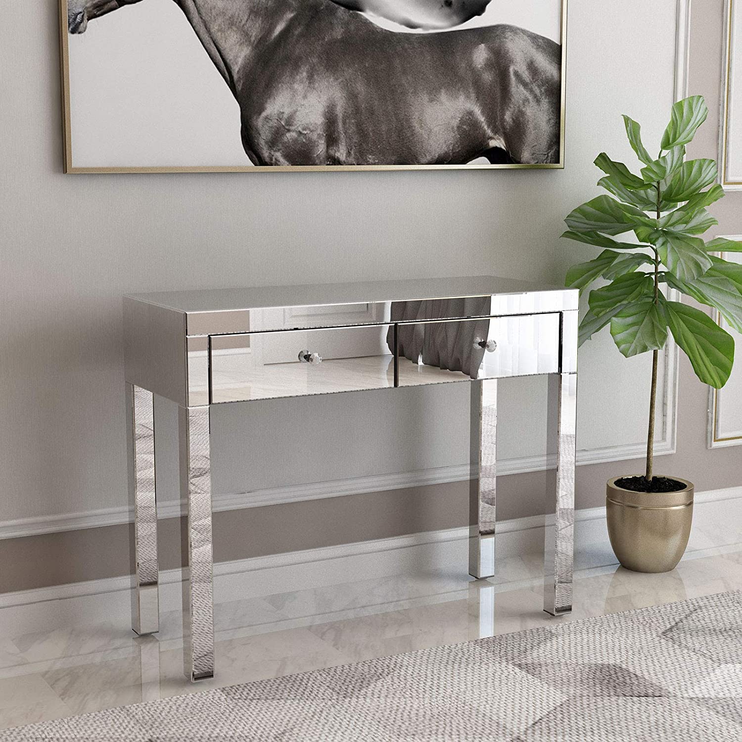 Modern Mirrored Console Table with 2 Drawers - Vanity Dressing Desk for Makeup | Sofa Side Table & Entryway Hallway Furniture | Perfect for Women's Bedroom, Home Office & Living Room Decor