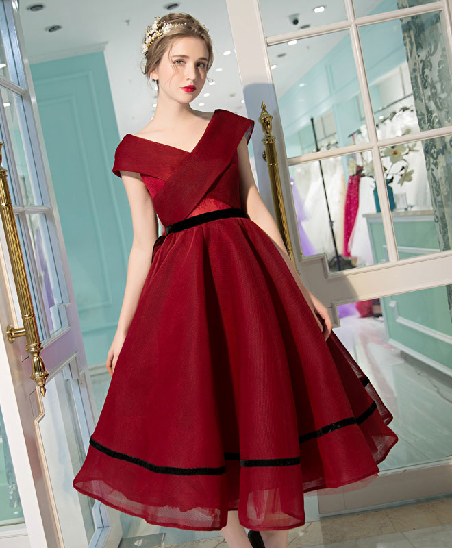 Elegant Burgundy V-Neck Tea Length Prom Dress | Formal Evening Gown for Homecoming, Wedding Guest & Special Occasions
