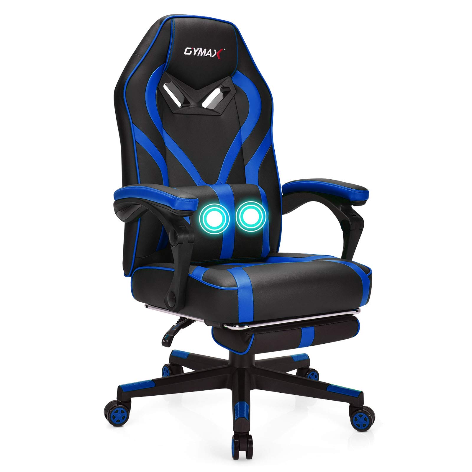 GYMAX Ergonomic Gaming & Office Chair - Adjustable Swivel Racing Style Computer Chair with Massage Lumbar Support, Headrest, Armrest & Retractable Footrest - Blue Video Game Chair for Home Theater & PC Gaming Setup