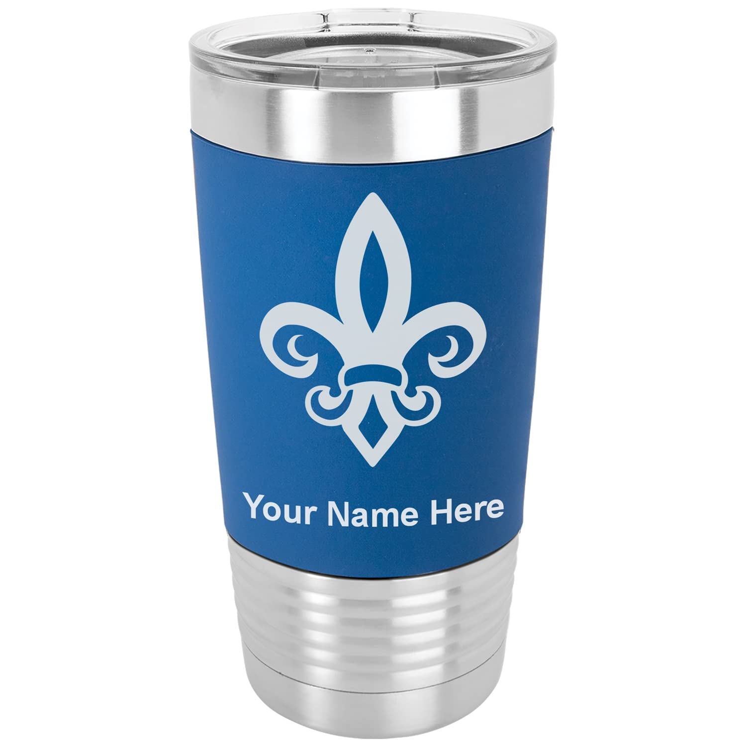 20oz Vacuum Insulated Stainless Steel Tumbler Mug with Silicone Grip - Personalized Engraving & Fleur de Lis Design (Dark Blue) - Perfect for Coffee, Tea, or Cold Drinks at Home, Office, or Travel