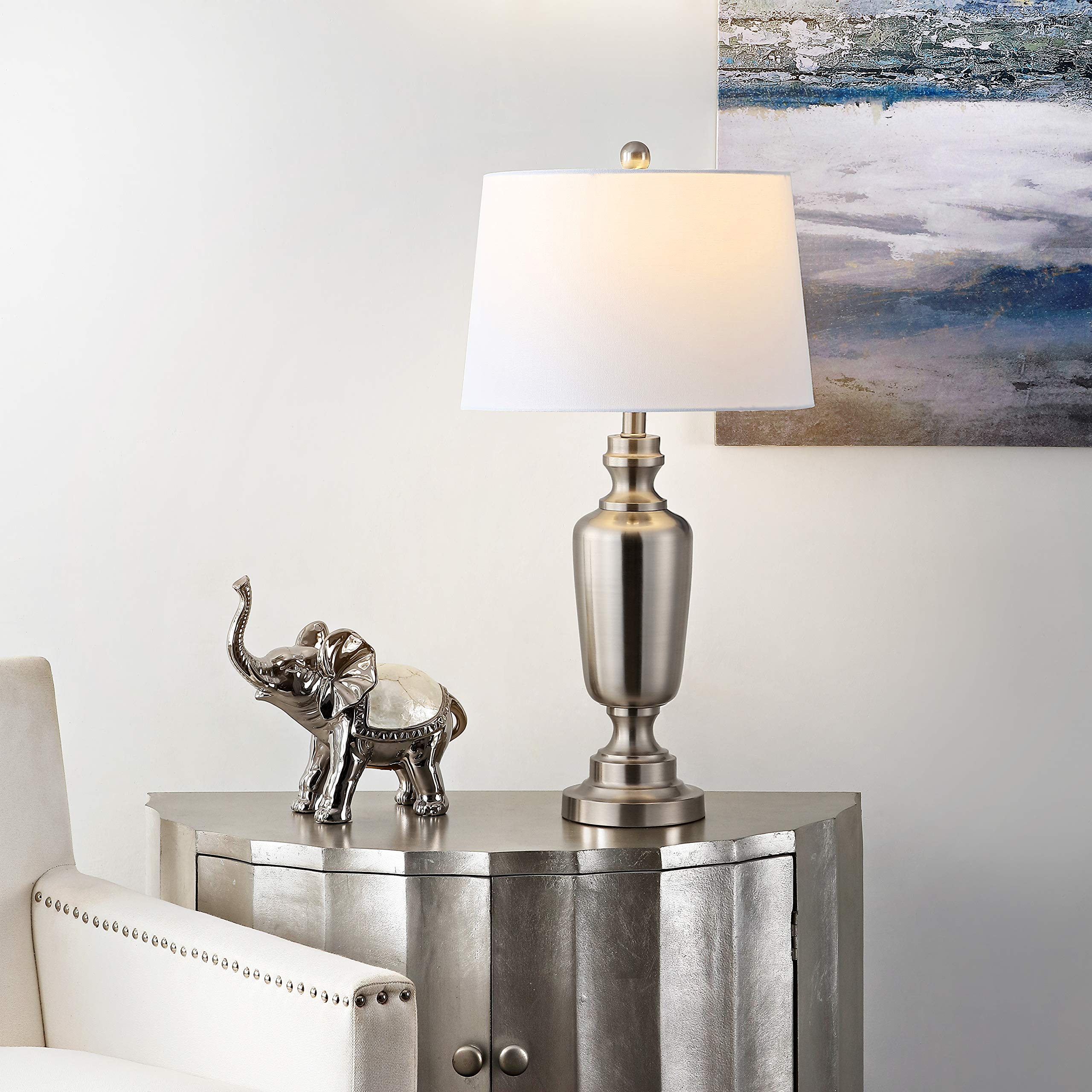 SAFAVIEH Ezra Modern Contemporary Nickel Iron 28-inch LED Table Lamp for Bedroom, Living Room & Home Office - Nightstand Desk Lighting with Included Bulb | Perfect for Reading, Working & Ambient Decor