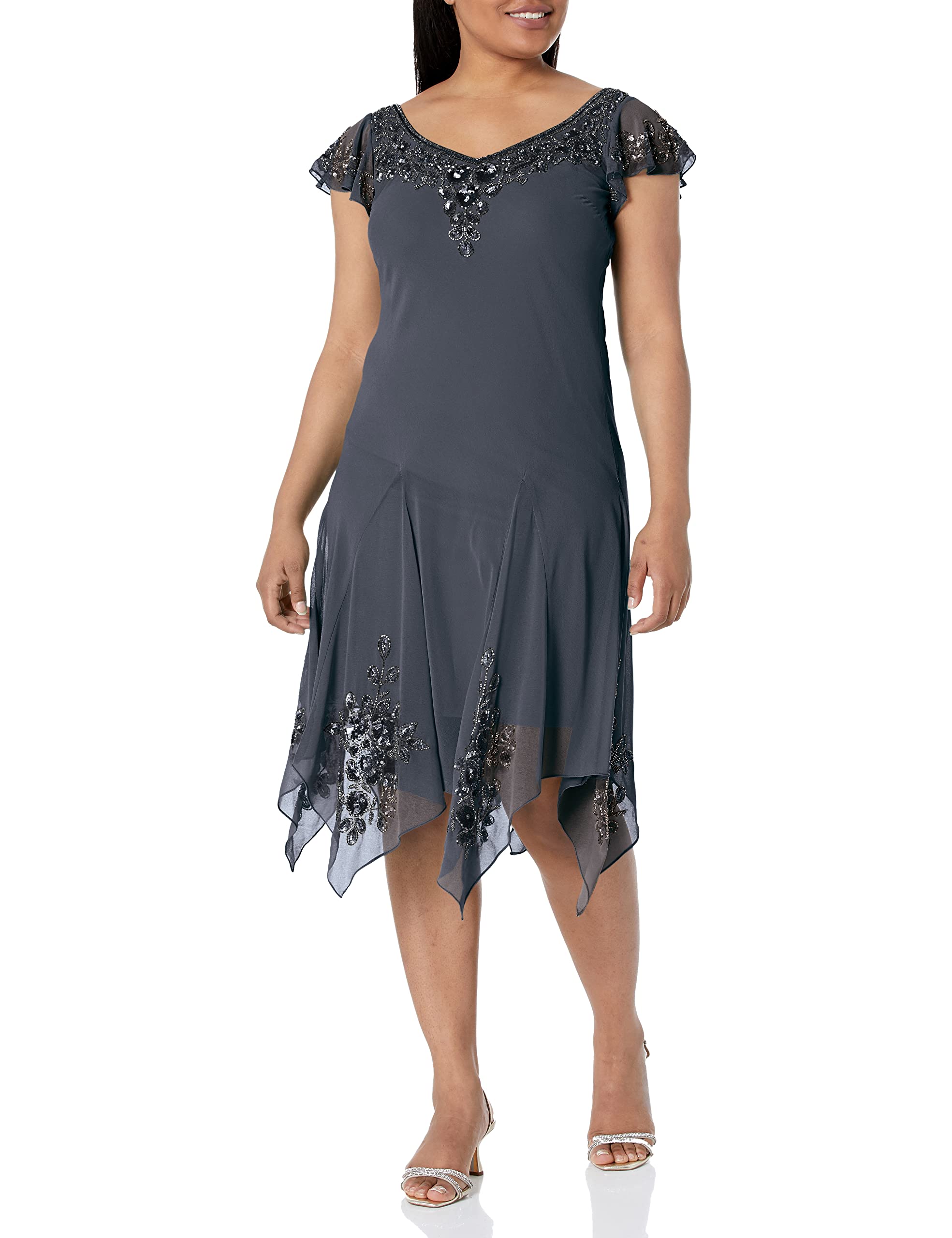 J Kara Women's Plus Size Petite Flutter Sleeve Hanky Hem Short Cocktail Beaded Dress - Elegant Party Wear for Weddings, Date Nights & Special Occasions