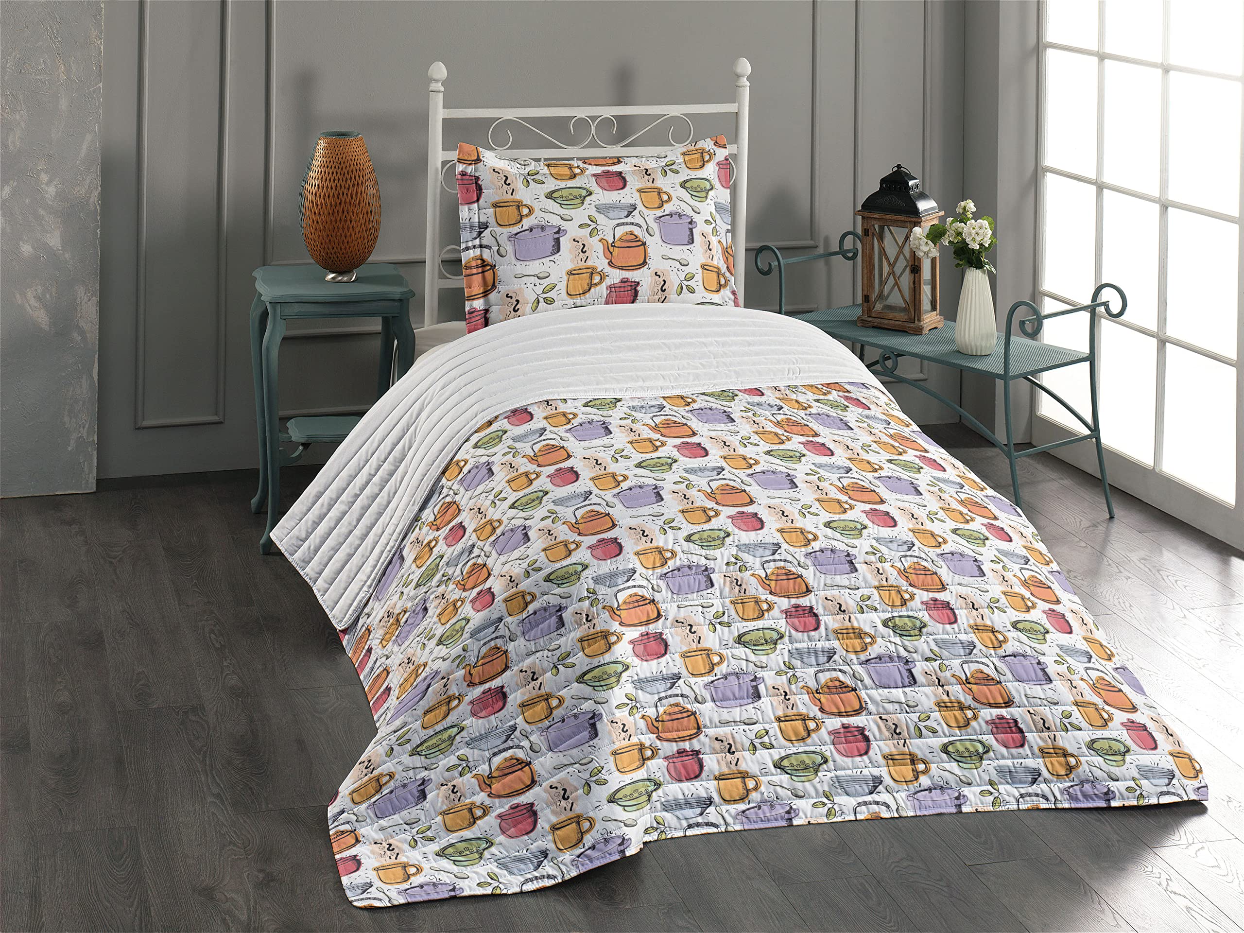 Lunarable Retro Microfiber Bedspread Set - Vintage Kitchenware Print Comforter with Pillow Sham, Twin Size (Orange Purple White) | Soft Bedding for Cozy Bedrooms & Guest Rooms