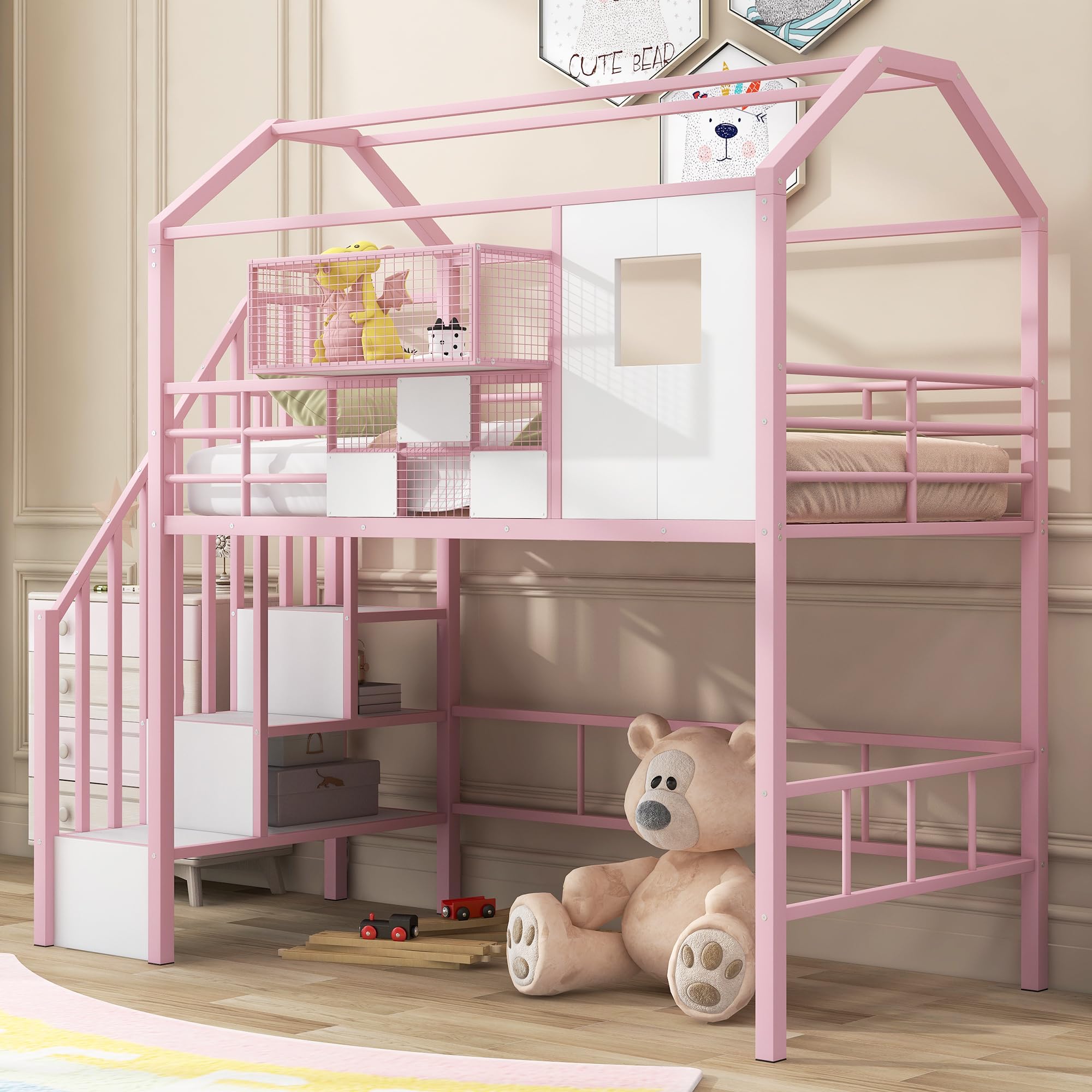 BOVZA Twin Size Loft Bed with Stairs, Roof & Storage - Metal Low Loft Bed Frame with Safety Guardrails for Kids & Teens - Pink & White - Perfect for Small Bedrooms, Dorm Rooms & Kids' Play Areas
