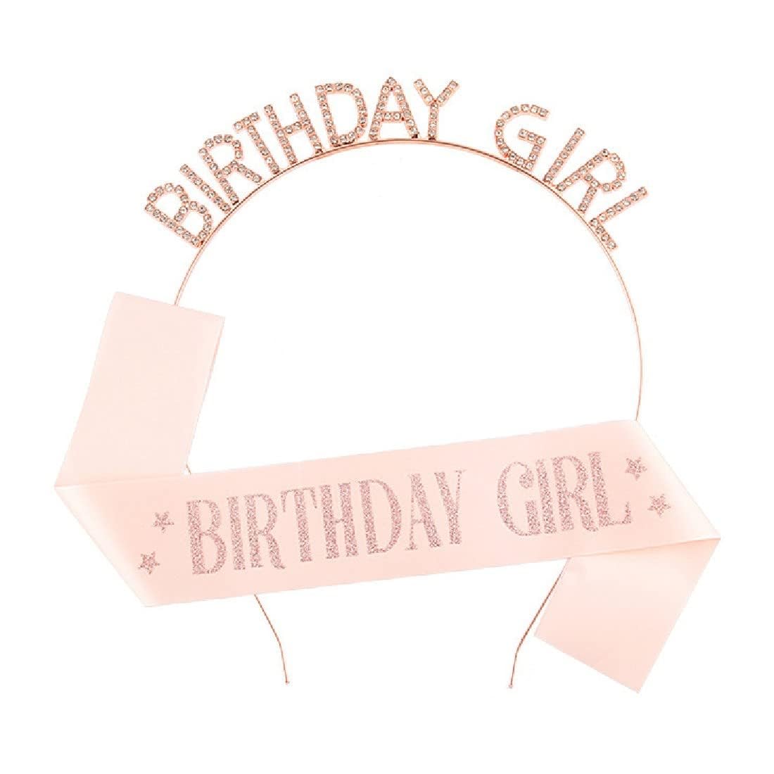 2 Pcs Birthday Crown Belts Set - Birthday Girl Sash & Tiara with Rhinestones, Rose Gold Satin Headband for Women & Girls - Perfect for Birthday Parties, Princess Themes, Photo Shoots & Special Celebrations