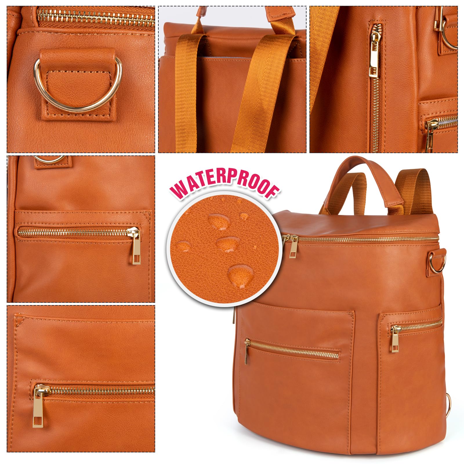 **Minsong Stylish Leather Diaper Backpack for Women – Waterproof Baby Travel Bag with Changing Pad & Stroller Straps – Perfect for Moms on the Go (Brown, 33L)** – Ideal for Travel, Shopping, and Everyday Use with Baby Essentials