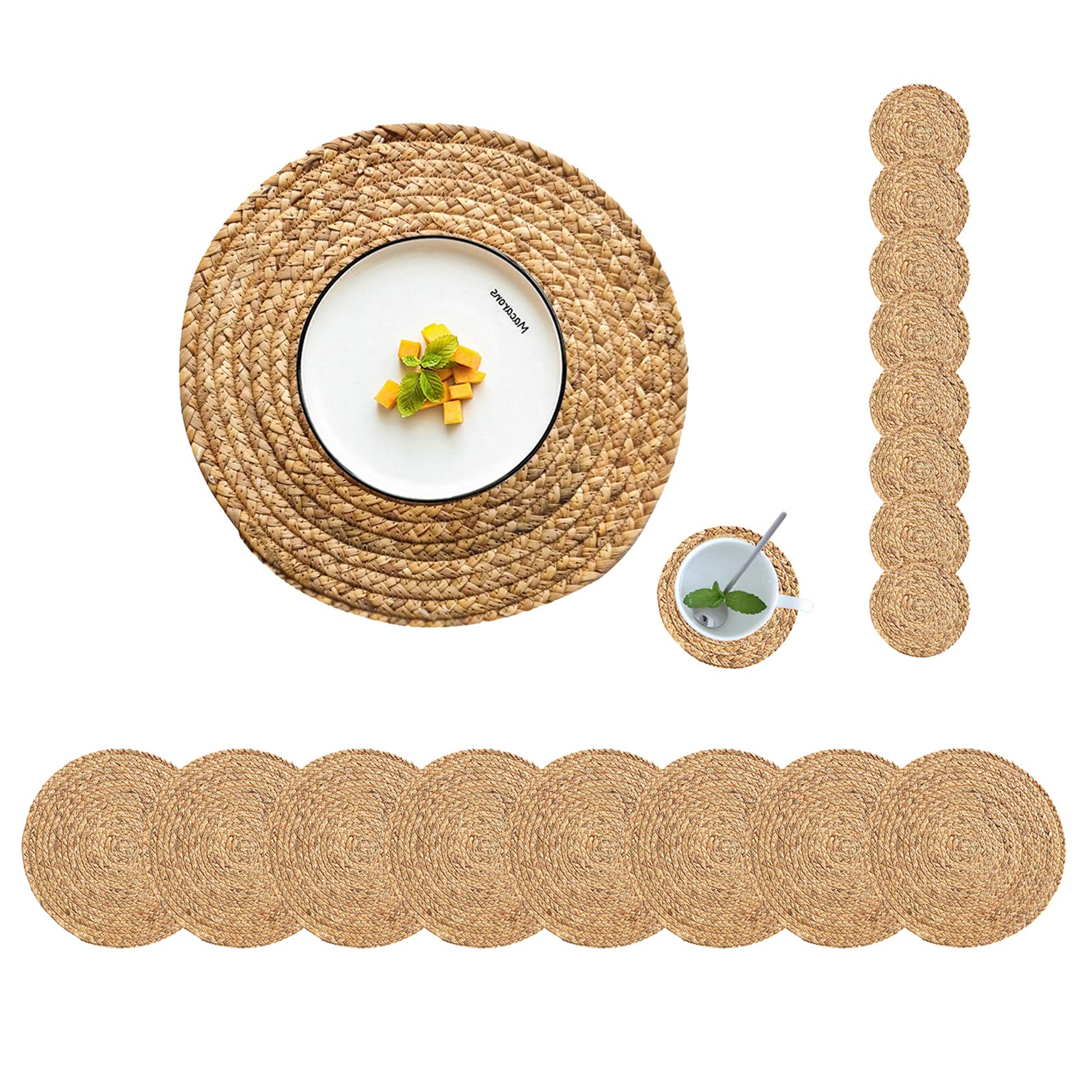 Natural Water Hyacinth Woven Round Placemats Set of 8 with Coasters - 13.4