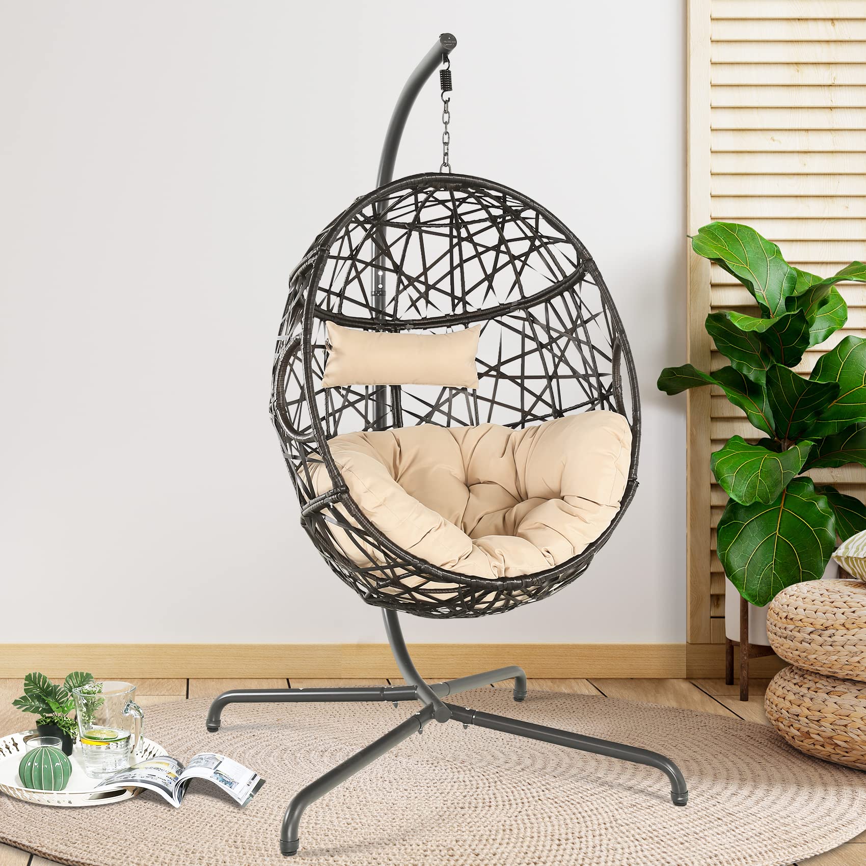 Ulax Hanging Egg Chair - Outdoor & Indoor Patio Swing Chair with UV-Resistant Cushion, Wicker Rattan Hammock Basket Chair with Stand (Beige) - Perfect for Garden, Balcony, Backyard & Living Room Relaxation