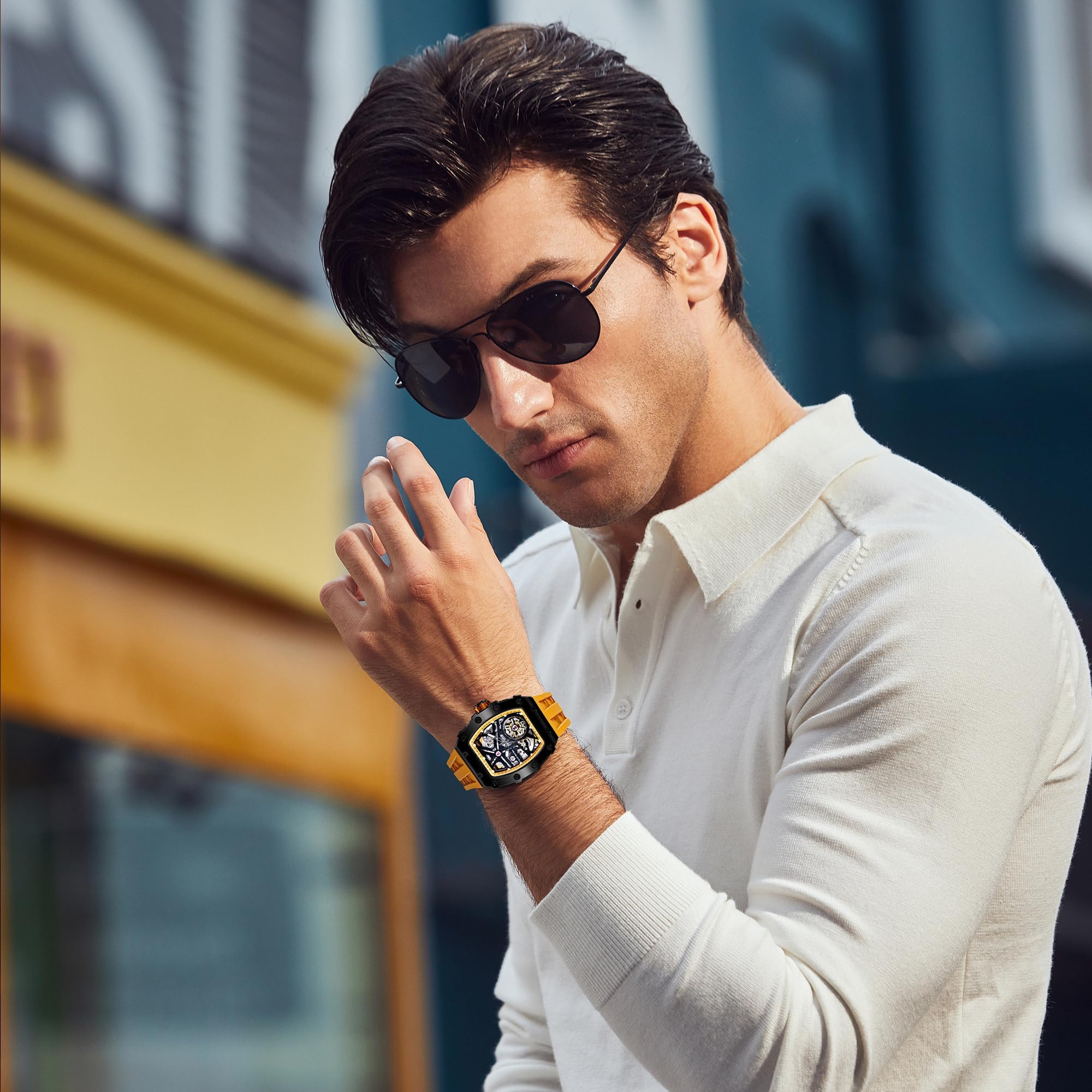 TSAR BOMBA Men's Luxury Automatic Skeleton Watch - Silver Square Big Face with Silicone Strap - 50M Waterproof Analog Watch for Business, Casual & Formal Wear - Unique Cool Gift for Men