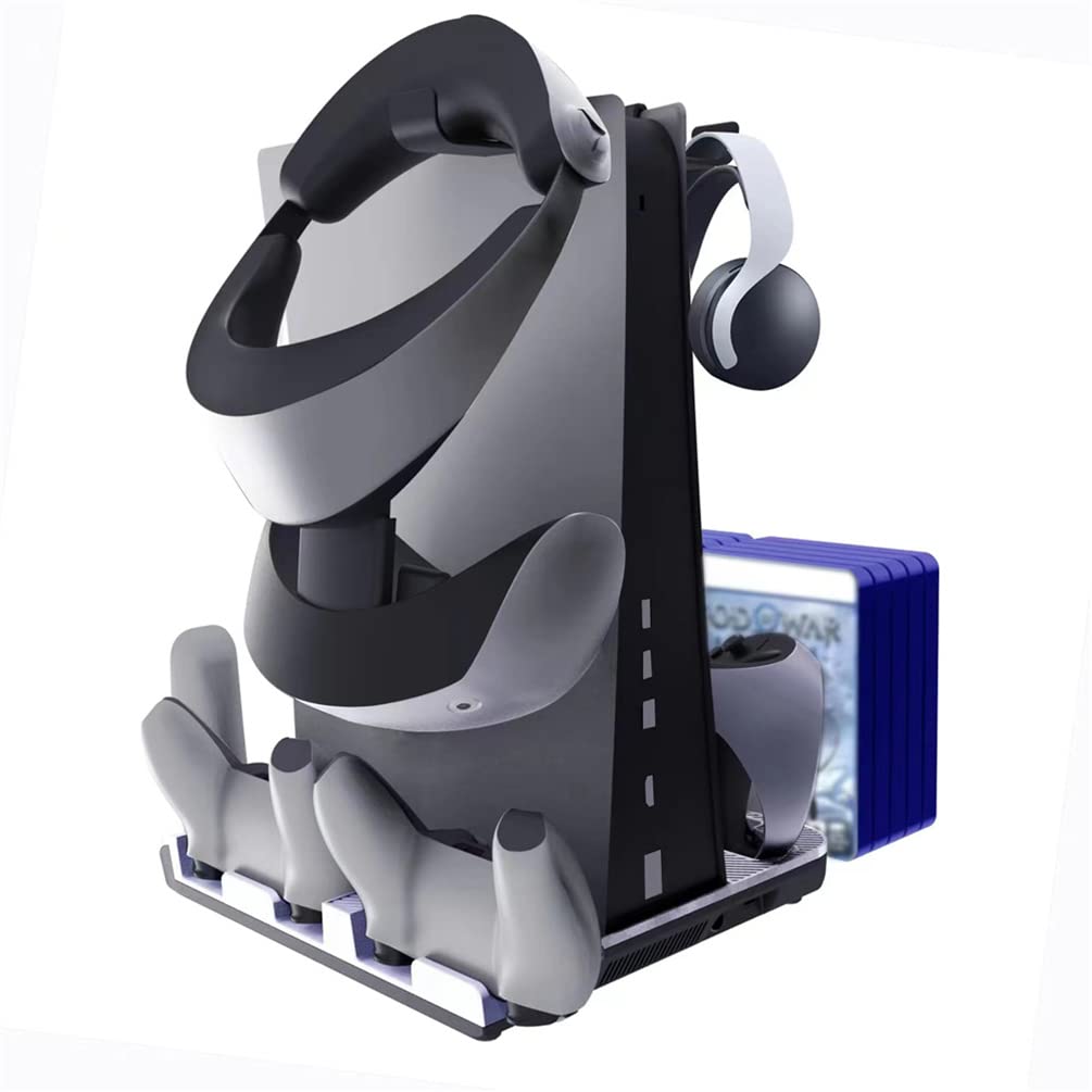 PS5 Cooling Stand with Dual Controller Charger & VR2 Headset Storage - Compatible with PS5/PS VR2 Accessories - Perfect for Gaming Sessions & VR Entertainment Setup