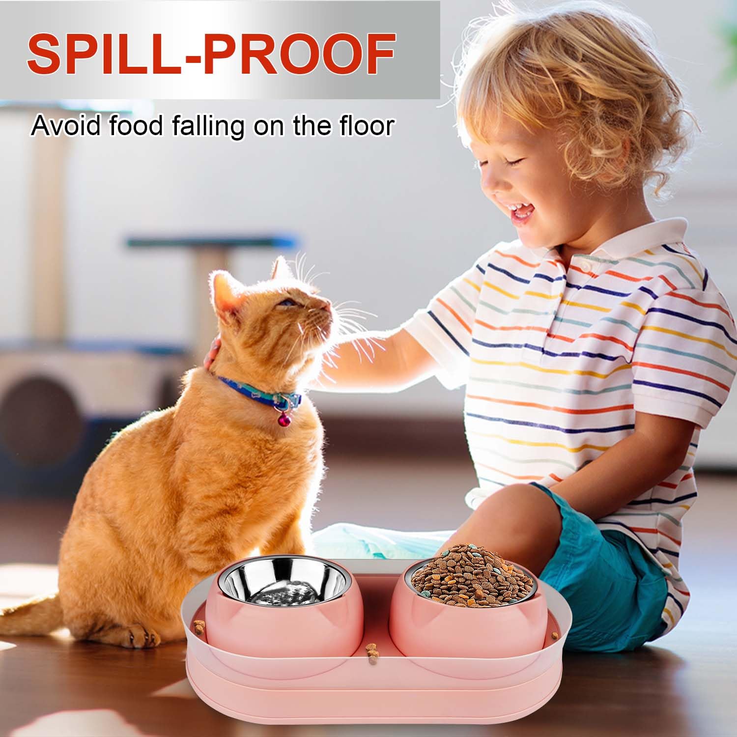 Stainless Steel Elevated Cat Food and Water Bowls Set with Stand - Tilted Anti-Vomiting Design for Healthy Eating - Perfect for Double Cats, Small Pets - Ideal for Home, Kitchen, or Travel Use (Pink)