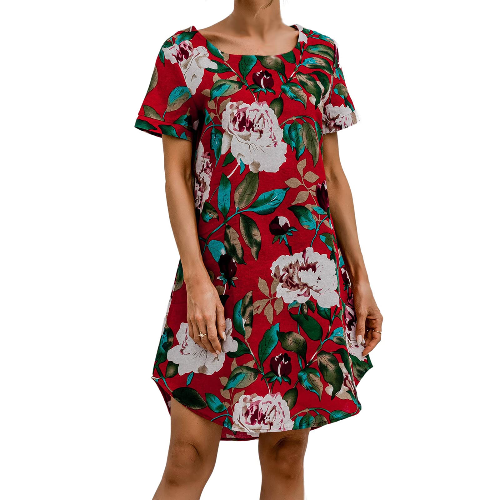 Women's Floral Short Sleeve Shirt Dress - Cotton Linen Blend Knee-Length Swing Tunic for Summer | Casual Outfit, Beach Cover-Up, Vacation Wear, Office Attire