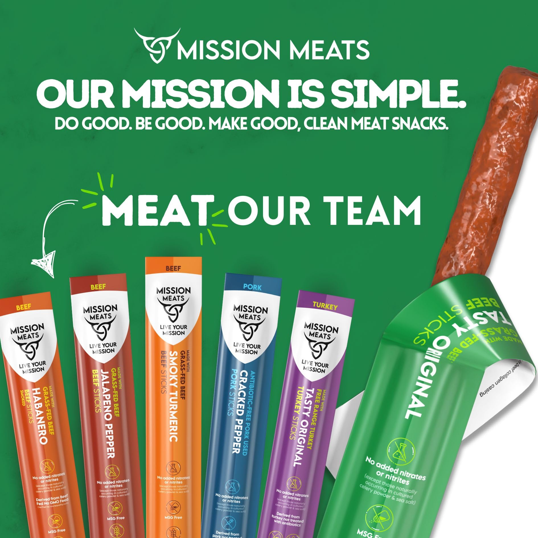 Mission Meats Beef Sticks - 100% Grass Fed, Pasture Raised, No Sugar, Gluten Free, Paleo & Whole30 Approved, Jalapeno Flavor, 1oz Individually Wrapped (Pack of 48) - Perfect for Keto Diet, Office Snacks, Hiking & Travel
