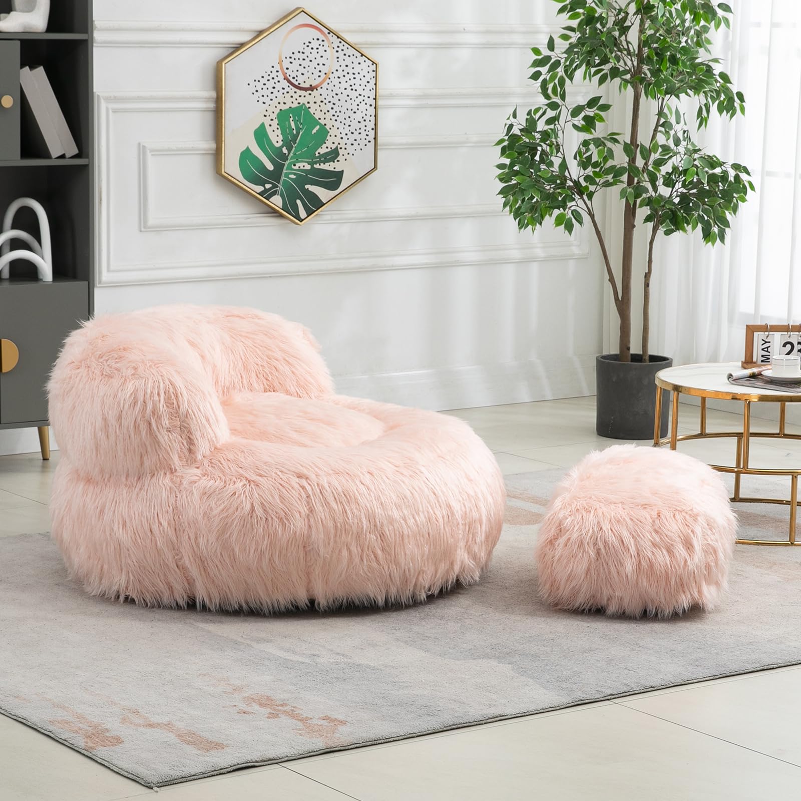 KIVENJAJA Faux Fur Bean Bag Chair with Ottoman - Oversized Fluffy Accent Chair & Footstool Set for Adults & Kids, Soft Floor Sofa for Living Room, Bedroom, Home Office - 42.52
