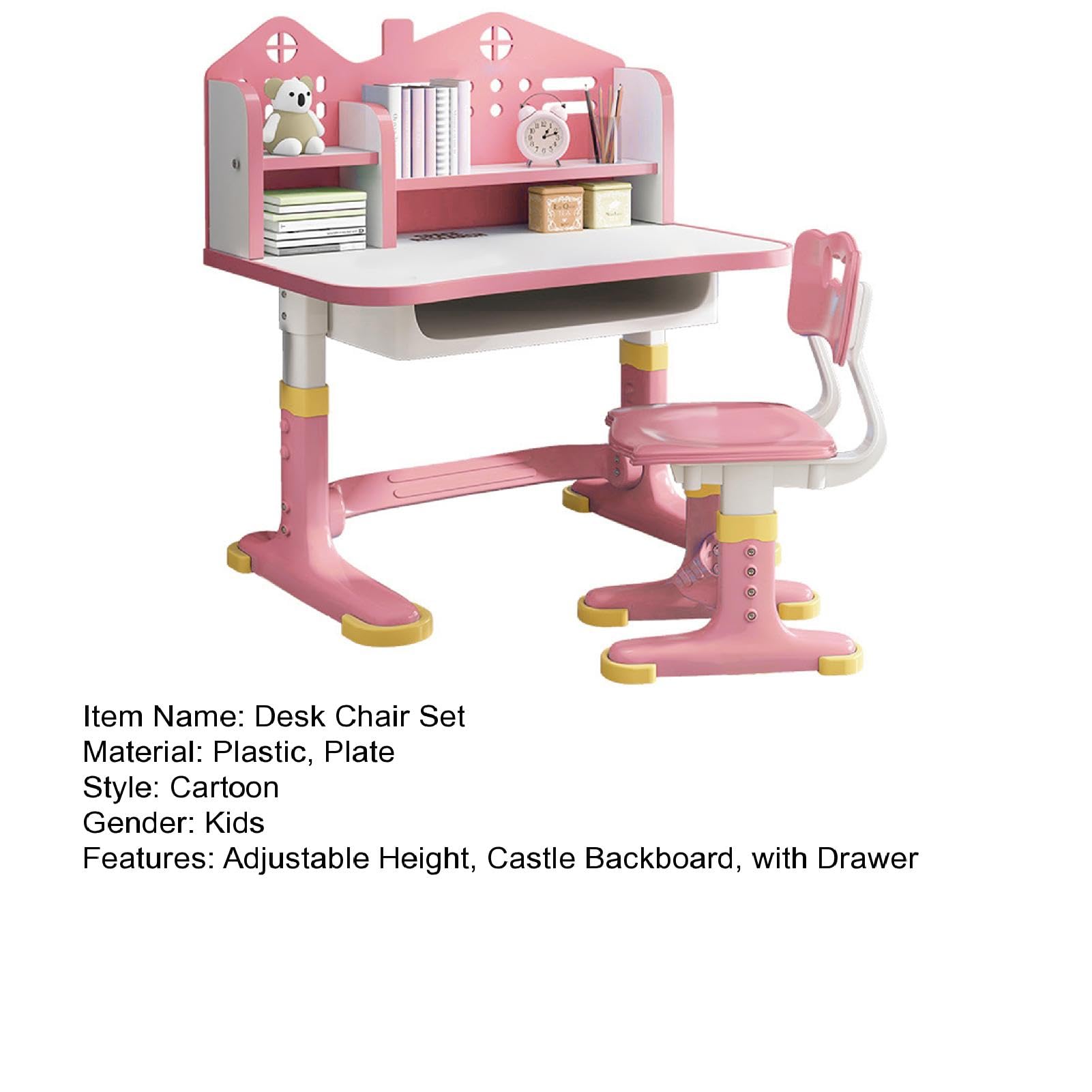 Adjustable Kids Desk and Chair Set with Storage - Ergonomic Study Desk for Children, Height-Adjustable Writing Table with Drawers & Cartoon Design - Perfect for Homework, Drawing & Online Learning (Pink)