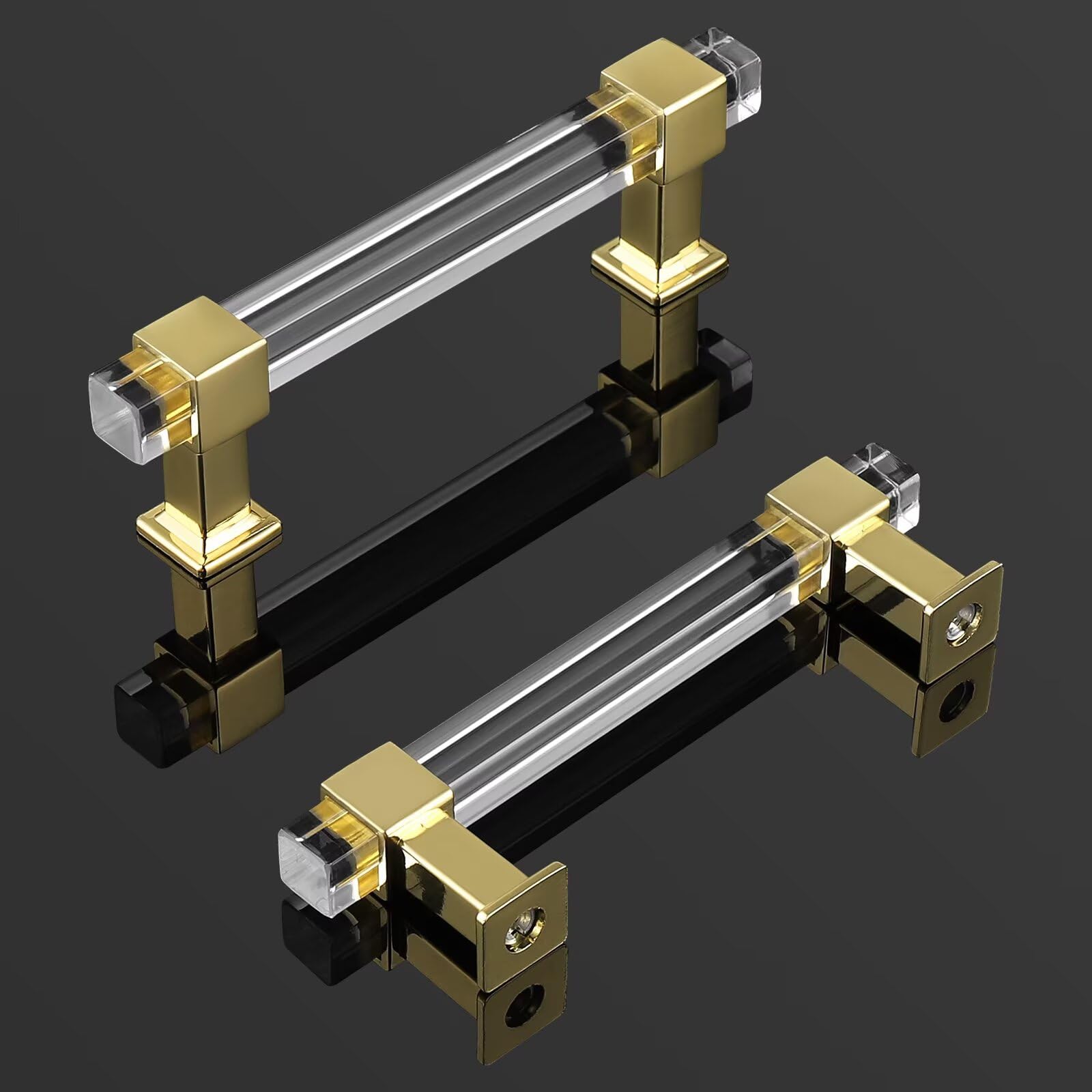 5 Pack Gold Zinc Alloy Cabinet Pulls with Square Acrylic Tube - 3-3/4 Inch Adjustable Hole Center Kitchen Cabinet Handles - Modern Drawer Pulls for Bedroom, Bathroom & Kitchen Cabinets (Perfect for Home Renovation & Furniture Upgrade)