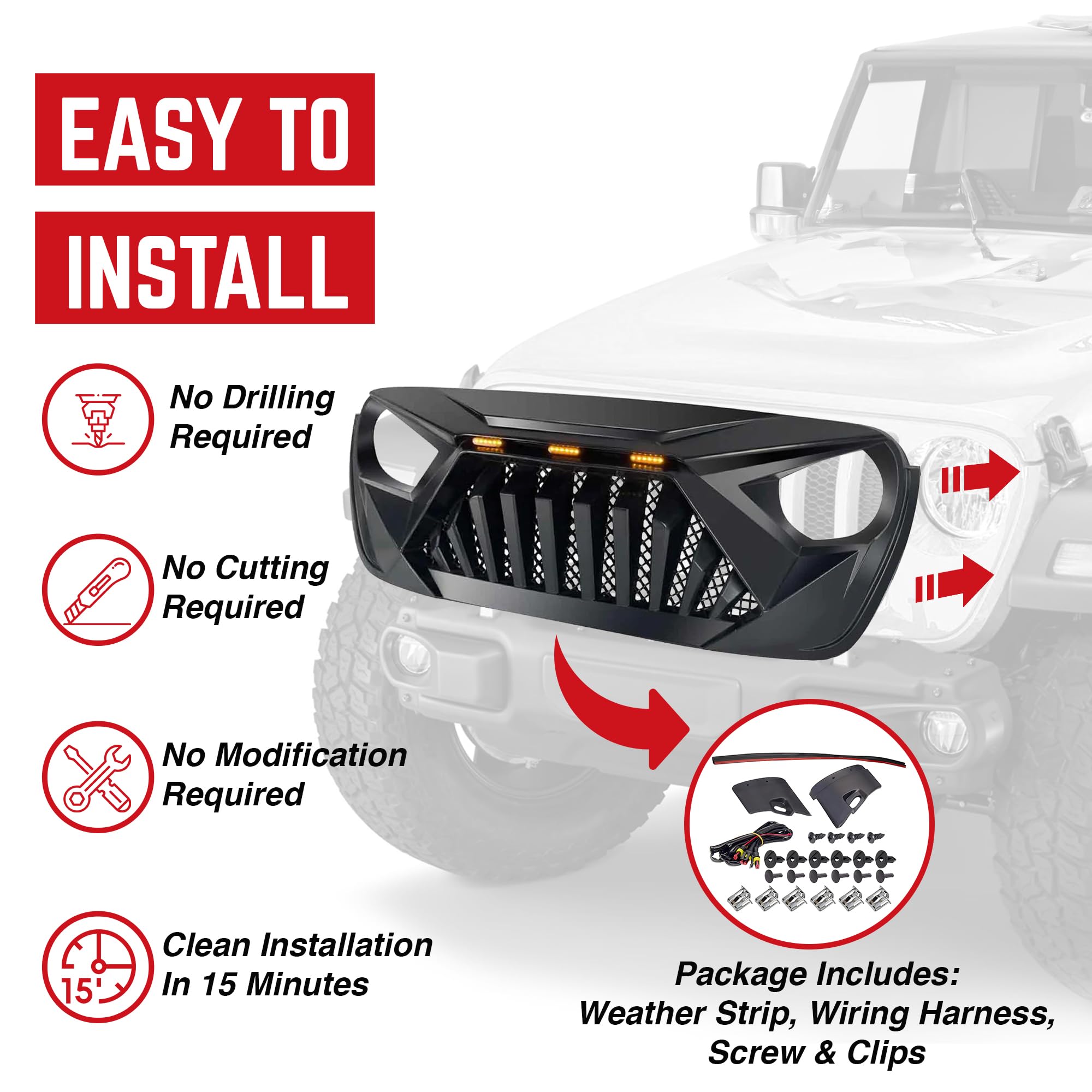 Jeep Goliath Grille with LED Amber Lights - Compatible with 2018+ Wrangler JL & 2020+ Gladiator JT (No TrailCam) - Matte Black | Off-Road Upgrade for Jeep Enthusiasts