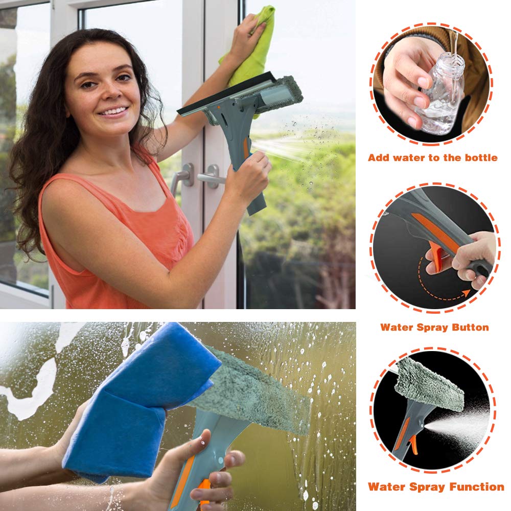 2022 Upgraded 3-in-1 Extendable Window Squeegee with Spray - 76'' Adjustable Window Cleaner Kit for Indoor & Outdoor High Windows (Includes 2 Pads) - Perfect for Hard-to-Reach Windows, Balcony Glass & Skylight Cleaning