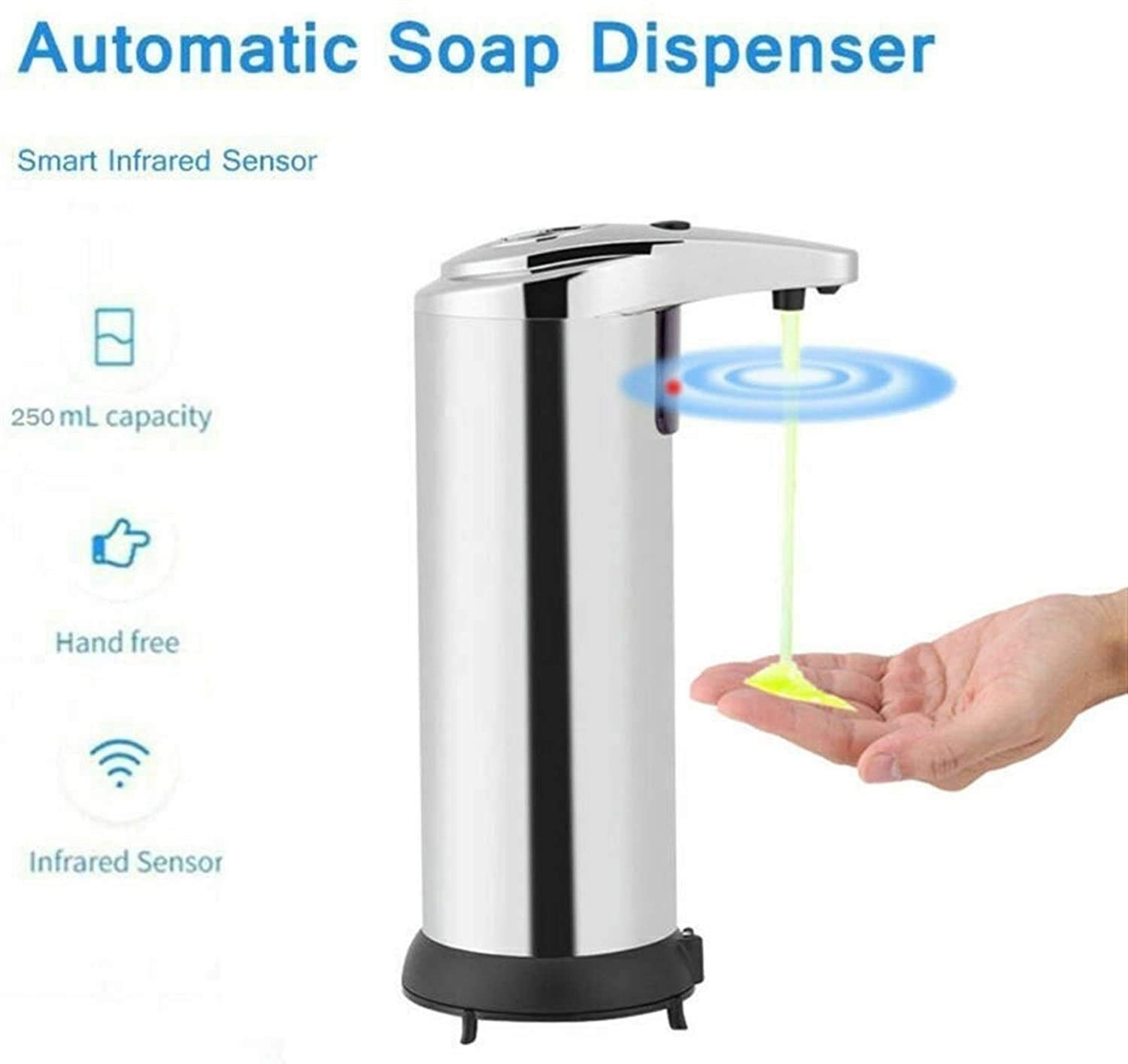 Automatic Touchless Gel Soap Dispenser with Motion Sensor - 250ml Battery Operated Hands-Free Soap Dispenser for Kitchen, Bathroom & Office - Black Waterproof Electric Gel Dispenser for Liquid Soap