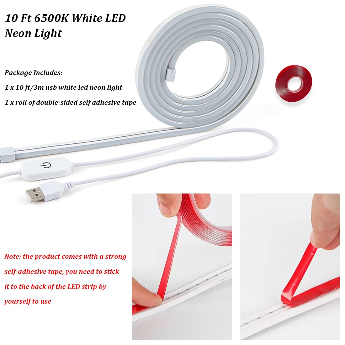 10ft 6500K White LED Neon Strip - USB Dimmable Touch Control for Bedroom, Kitchen, Home Decor
