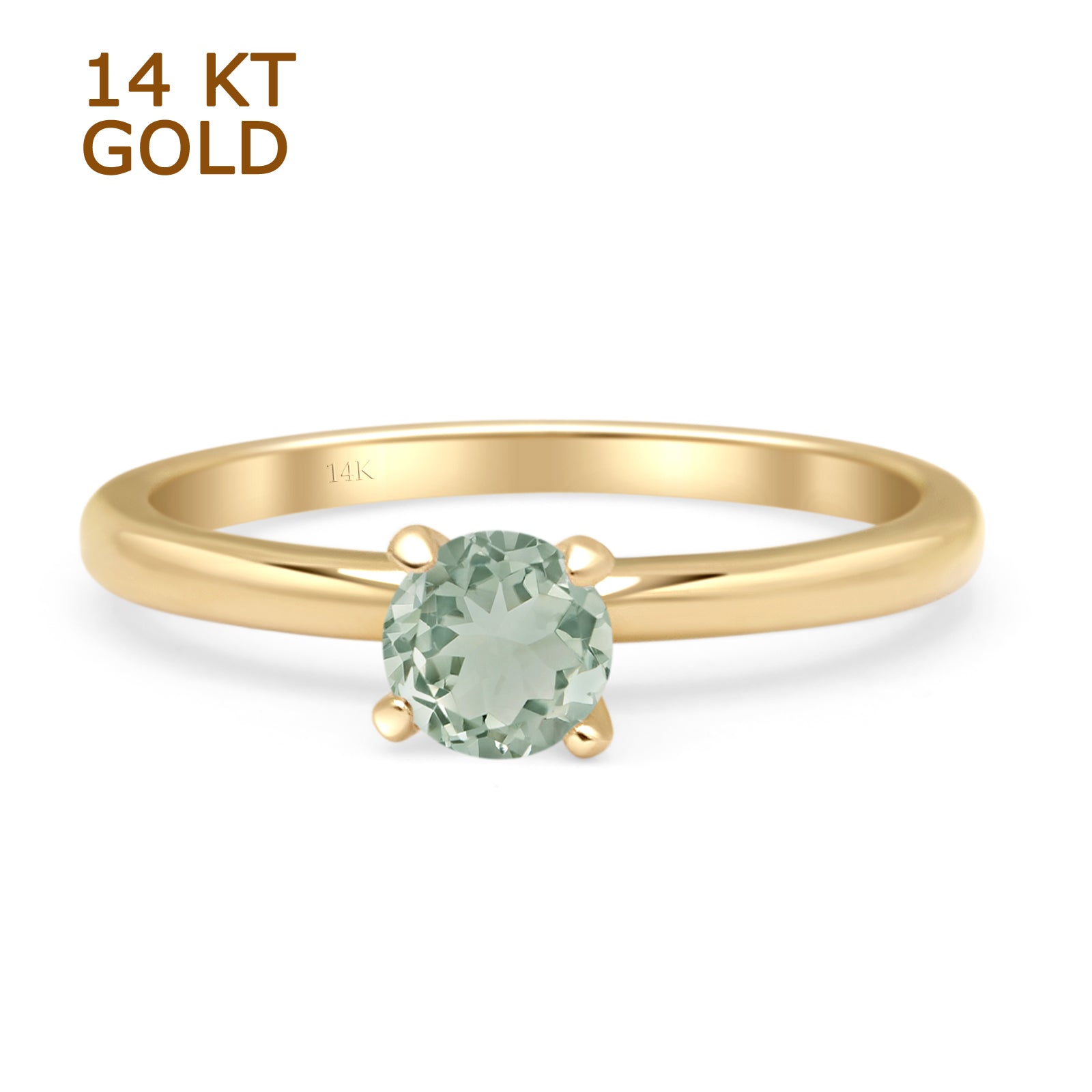 14K Yellow Gold Minimalist Round Solitaire Natural Green Amethyst Prasiolite Ring for Women - Elegant Dainty Wedding Engagement Promise Jewelry Gift for Her - Perfect for Anniversaries, Valentine's Day & Special Occasions