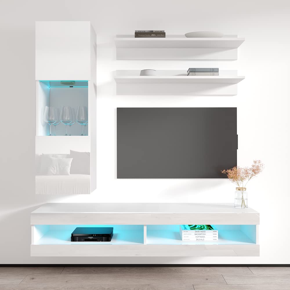 Modern White Wall-Mounted TV Stand with Storage Shelves & LED Lights - Floating Entertainment Center Console for Living Room & Bedroom - Perfect for Small Spaces & Home Theater Setups - Meble Furniture Fly H3 34