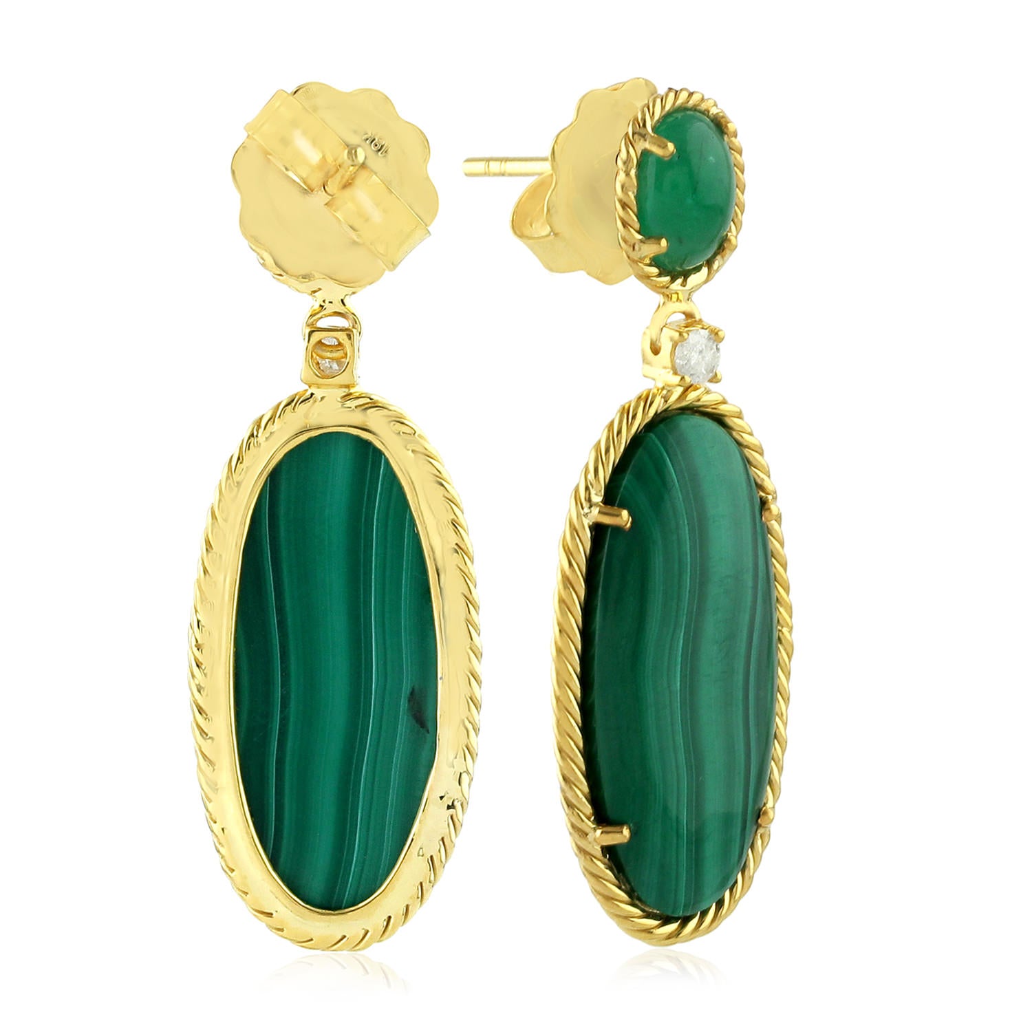18K Yellow Gold Malachite Oval Cut Emerald Gemstone Prong Diamond Dangler Earrings - Perfect for Evening Parties & Special Occasions