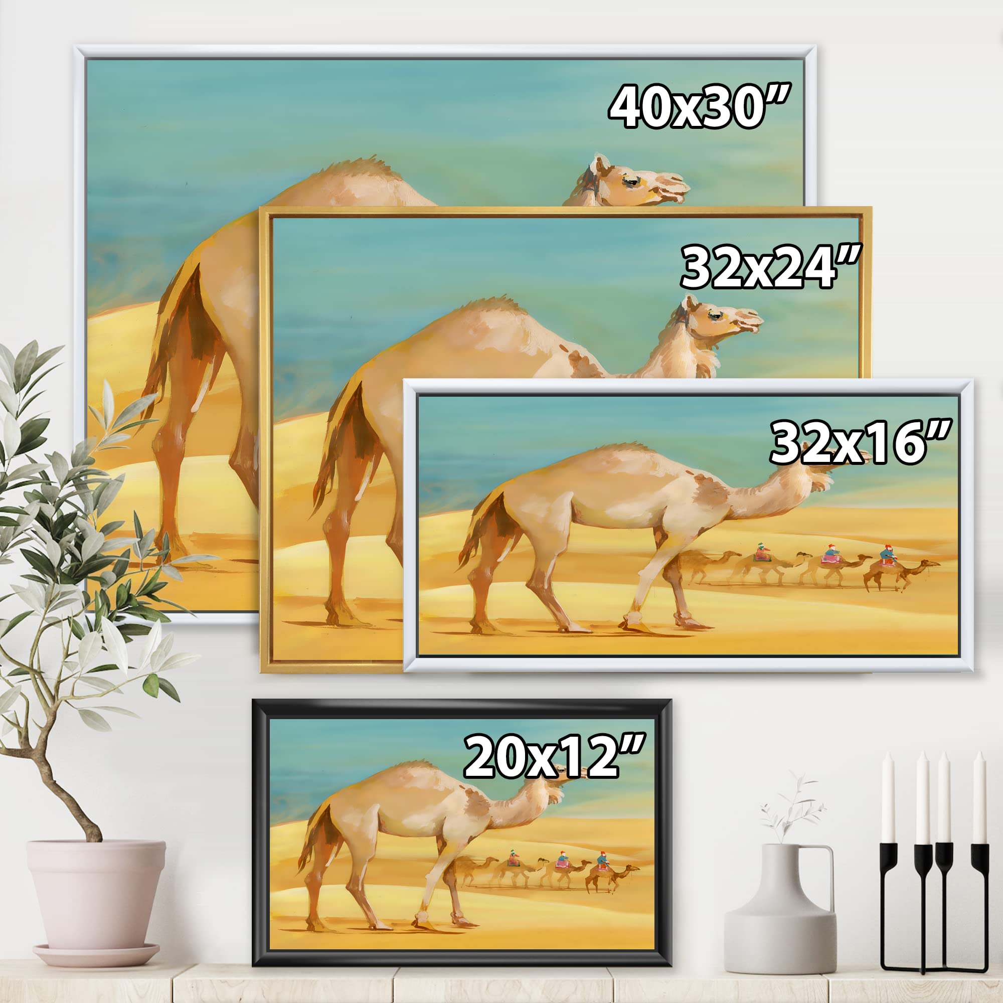 DesignQ Camels In Desert - Farmhouse Framed Canvas Wall Art Print | Desert Landscape Painting for Living Room, Bedroom & Office Decor | Western Home Decor & Wall Art Gift