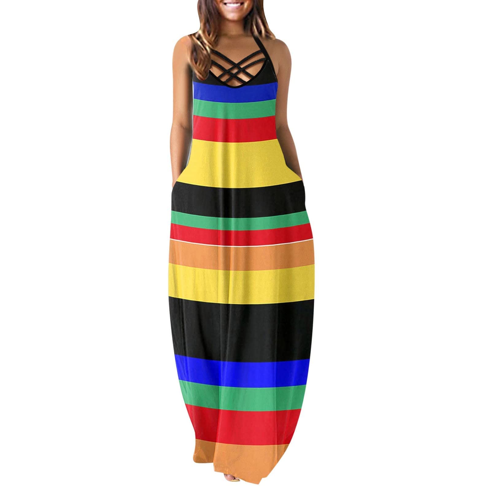 Hinvhai Women's Long Sleeve Maxi Dress - Loose Fit Tie Dye Print Casual Square Neck Dress with Pockets | Boho Chic, Beach Cover Up, Vacation Outfit, Spring & Summer Fashion