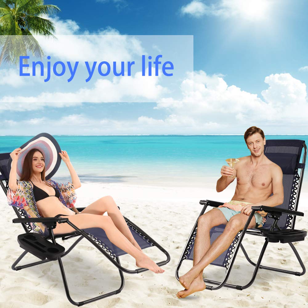 Premium Zero Gravity Reclining Lounge Chairs with Pillows & Cup Holder - Adjustable Outdoor Patio Chairs for Backyard, Pool, Beach, Deck - Comfortable Relaxation for Sunbathing, Reading & Lounging (Blue, Set of 2)