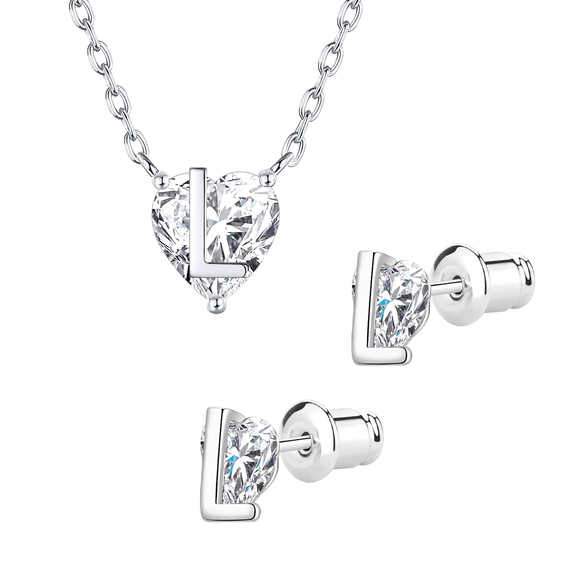 Wowshow Sterling Silver Heart Stud Earrings & Initial Necklace Set for Women - Hypoallergenic White Gold Plated Jewelry Gift for Her | Birthday, Anniversary, Valentine's Day Present