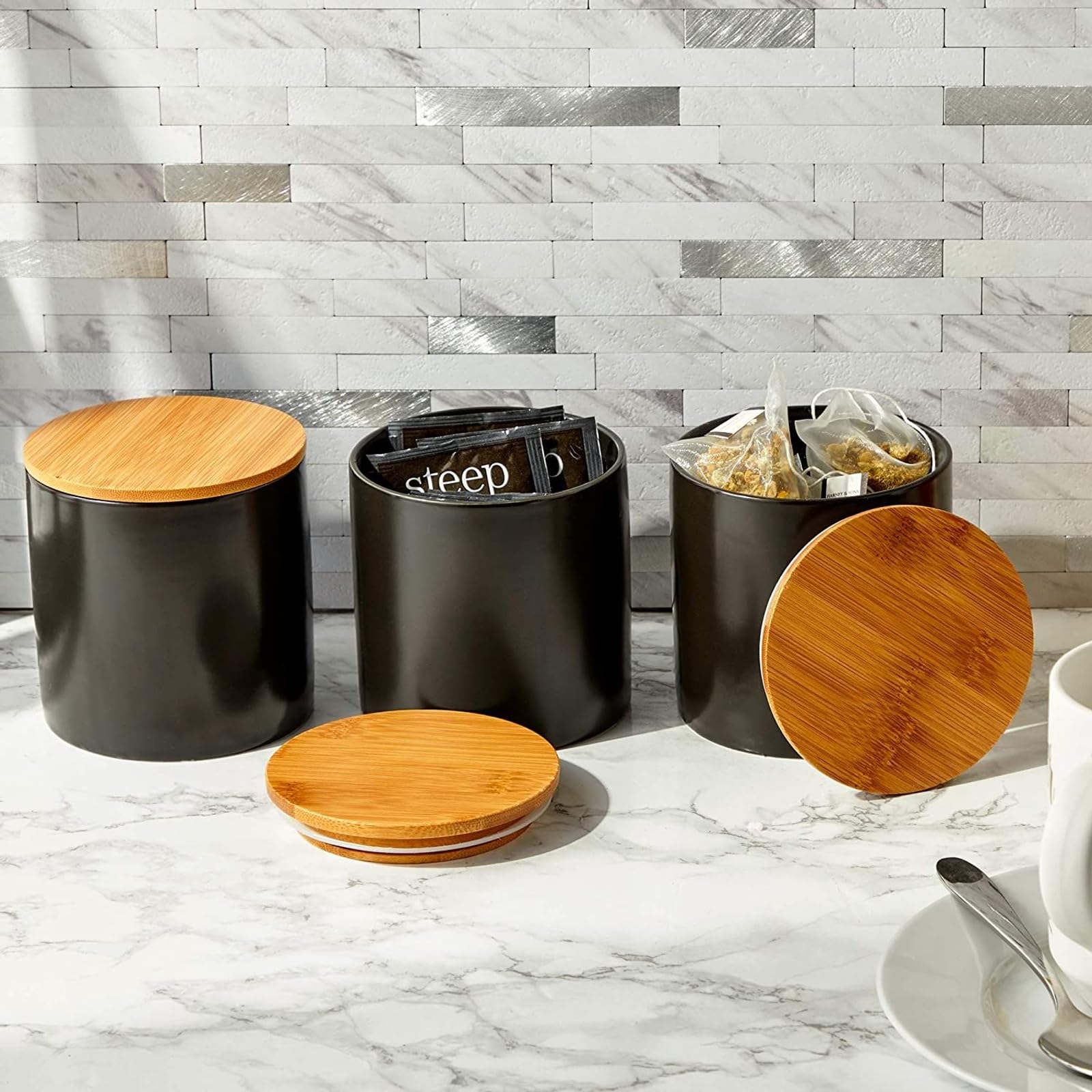 Juvale 3-Pack Black Ceramic Canisters with Bamboo Lids - 4 x 4.13 Inch Airtight Food Storage Containers for Coffee, Flour, Sugar & Snacks - Elegant Kitchen & Pantry Organization for Dining Room & Home Decor