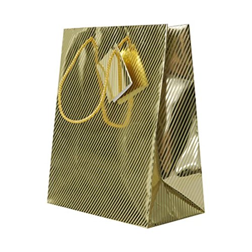 JAM PAPER Gold Foil Rope Handle Gift Bags - 8x10x4.5 Inch Medium Shopping Bags - Diagonal Pinstripe Design - Bulk Pack of 100 - Perfect for Parties, Weddings & Retail Packaging