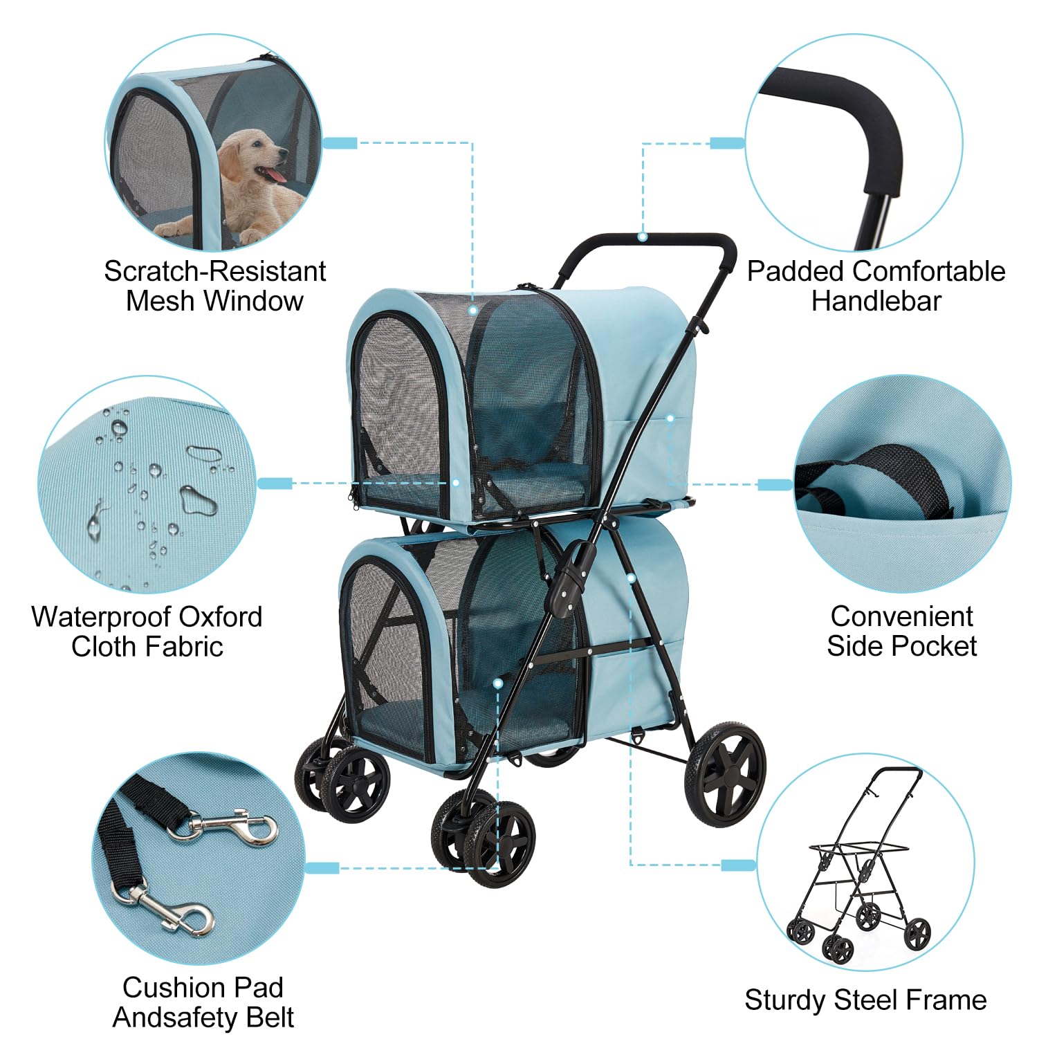 **Double Pet Stroller for Dogs & Cats - 2 Detachable Carriers, Quick-Fold Design for Small & Medium Pets, 4-Wheel Light Blue Stroller - Perfect for Park Walks, Vet Visits & Travel**