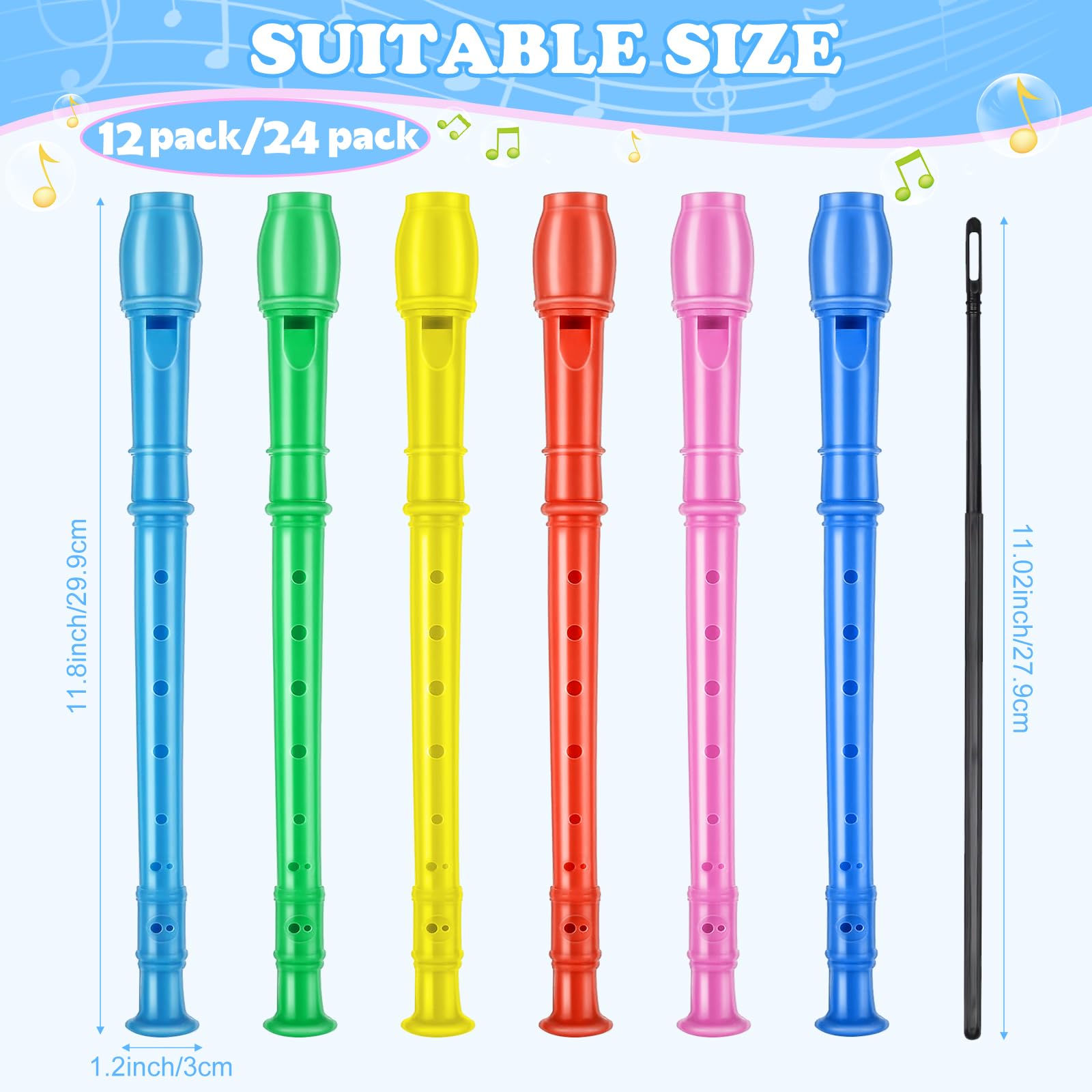 24 Pack German Style 8 Hole Soprano Recorder Flutes with Cleaning Rod - Perfect for Back to School, Christmas Shoebox, Music Class & Party Favors - Bulk Musical Instruments for Kids & Beginners