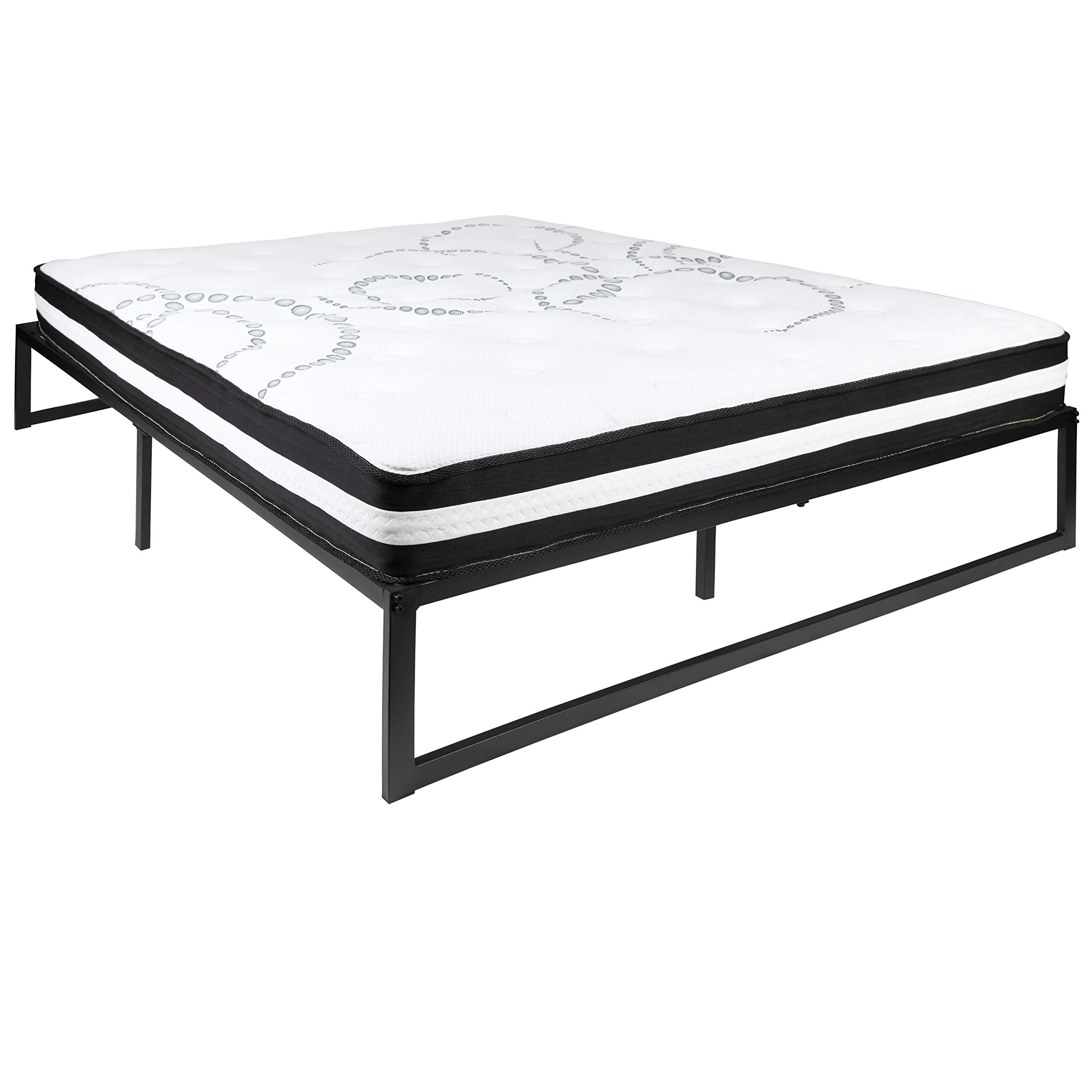 14 Inch Metal Platform Bed Frame with 10 Inch Pocket Spring Mattress in a Box - Queen Size, No Box Spring Needed | Sturdy Support for Modern Bedrooms, Guest Rooms & Small Spaces