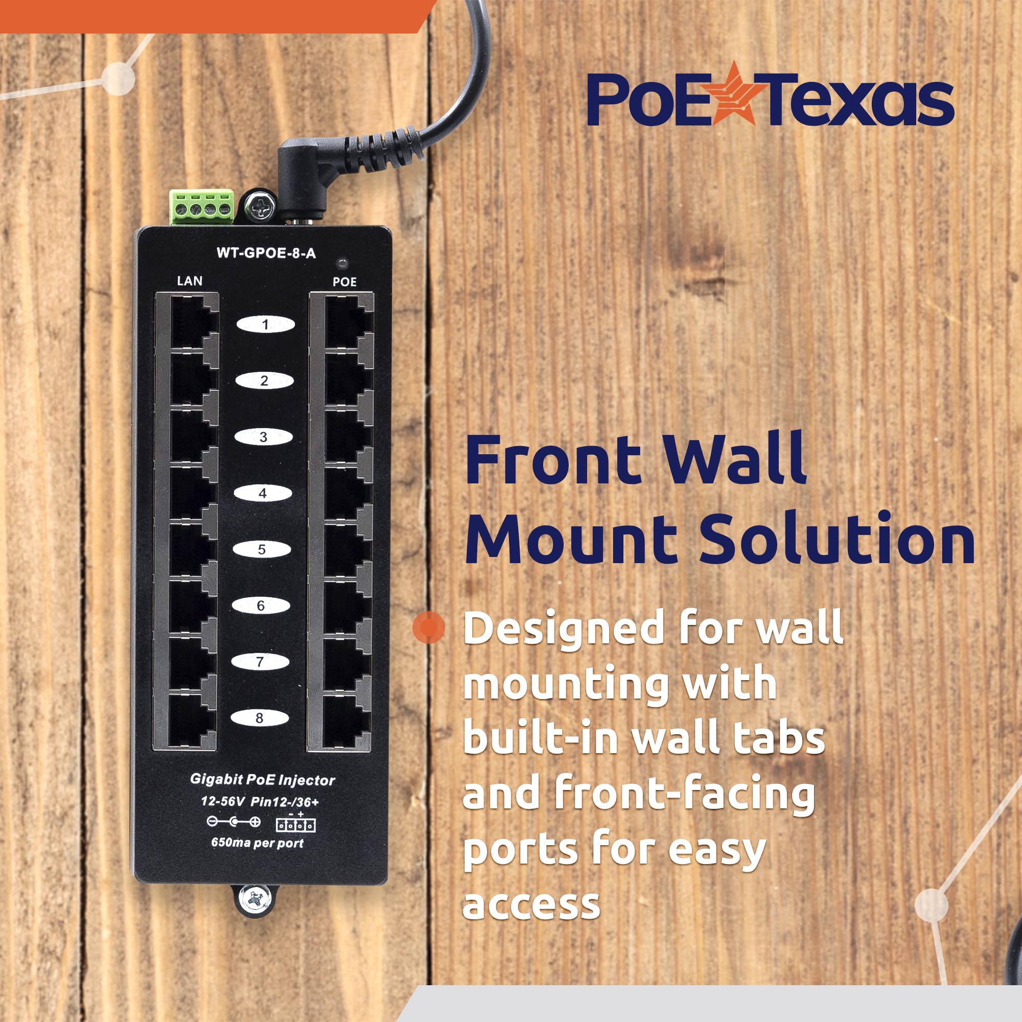 8 Port Gigabit Passive PoE Injector - 48V 120W Power Over Ethernet Midspan - Wall Mount for IP Cameras, WiFi Access Points & VoIP Phones - Compatible with Non-PoE Switches | Home Security & Office Network Setup