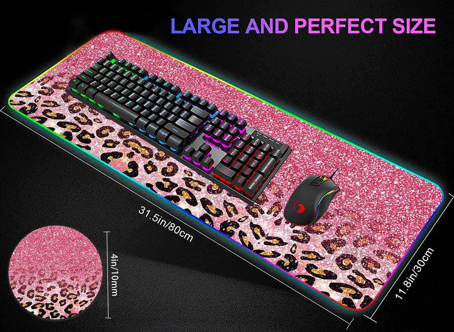 RGB Gaming Mouse Pad with LED Lights - Large Non-Slip Waterproof Desk Mat for Keyboard & Mouse - Pink Glitter Leopard Design - Perfect for PC Gaming, Office Work & Streaming Setup