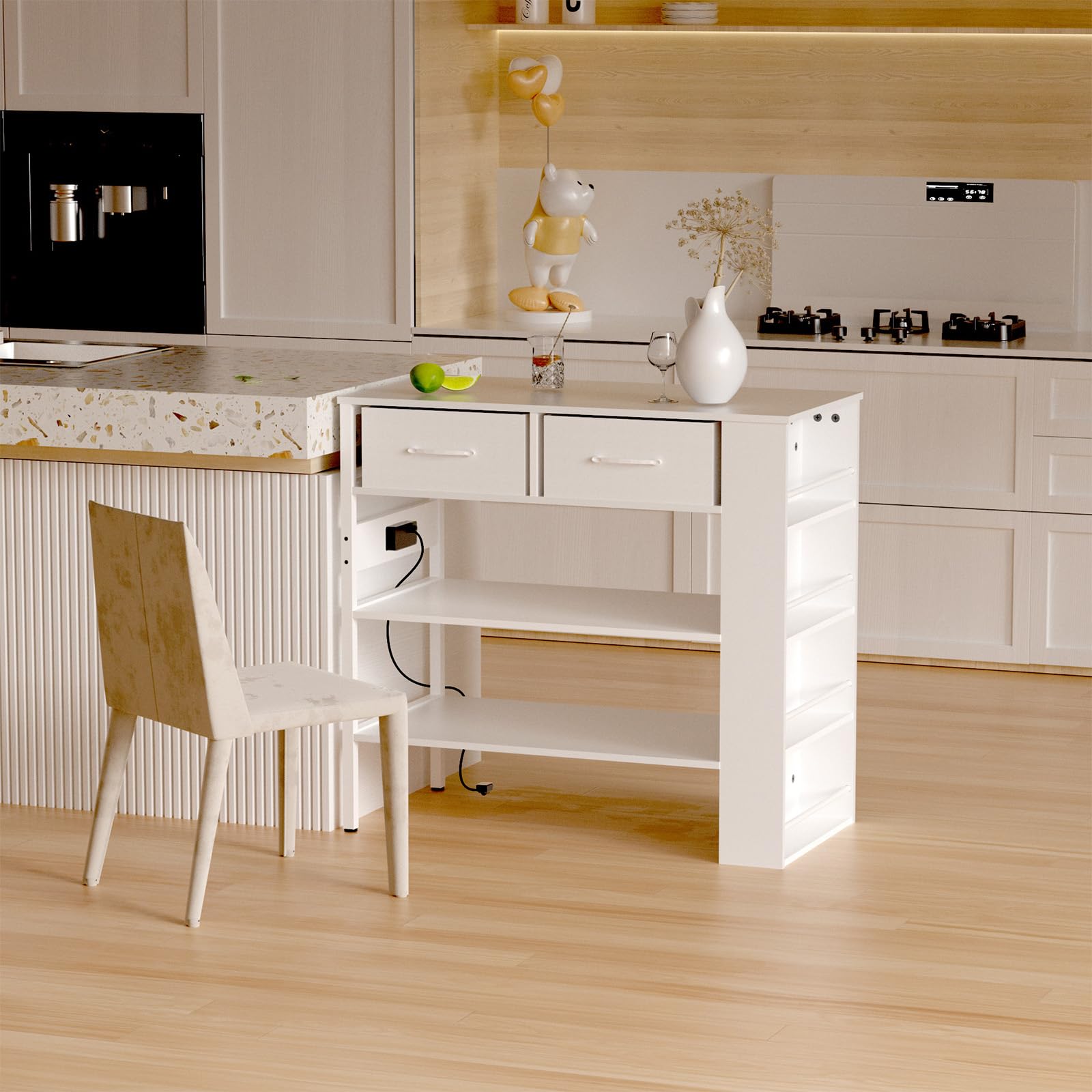 Modern White Kitchen Island with Open Storage Shelves, Spice Rack & Power Outlet - Versatile Bar Table for Cooking, Dining & Entertaining in Small Spaces