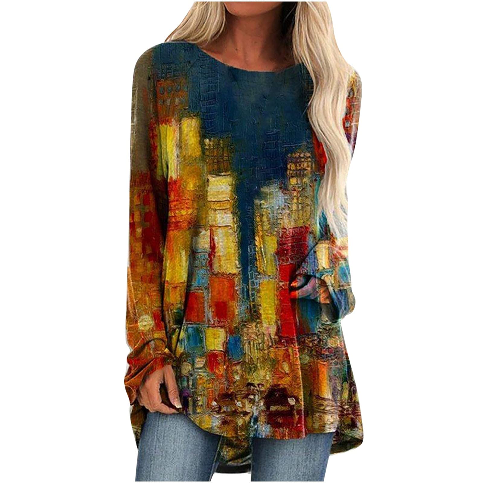 INESVER Women's Long Sleeve Flowy Tunics - Fashion Graphic Print Tops for Plus Size, Perfect to Wear with Leggings | Casual Outfits, Work Wear & Everyday Comfort