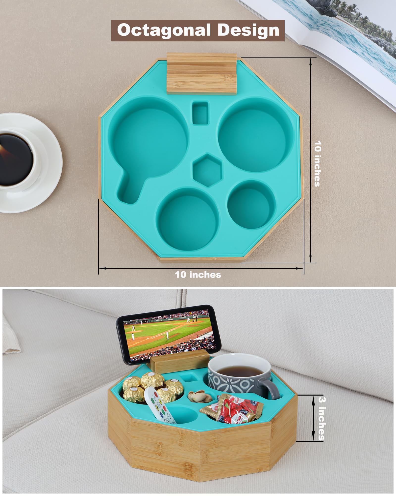 Hitseon Octagonal Silicone Bamboo Sofa Cup Holder with Rotatable Phone Stand - Waterproof Anti-Spill Couch Tray for Drinks, Snacks & Remote Control - Perfect for Living Room, Bedroom, Car & Office (Black)