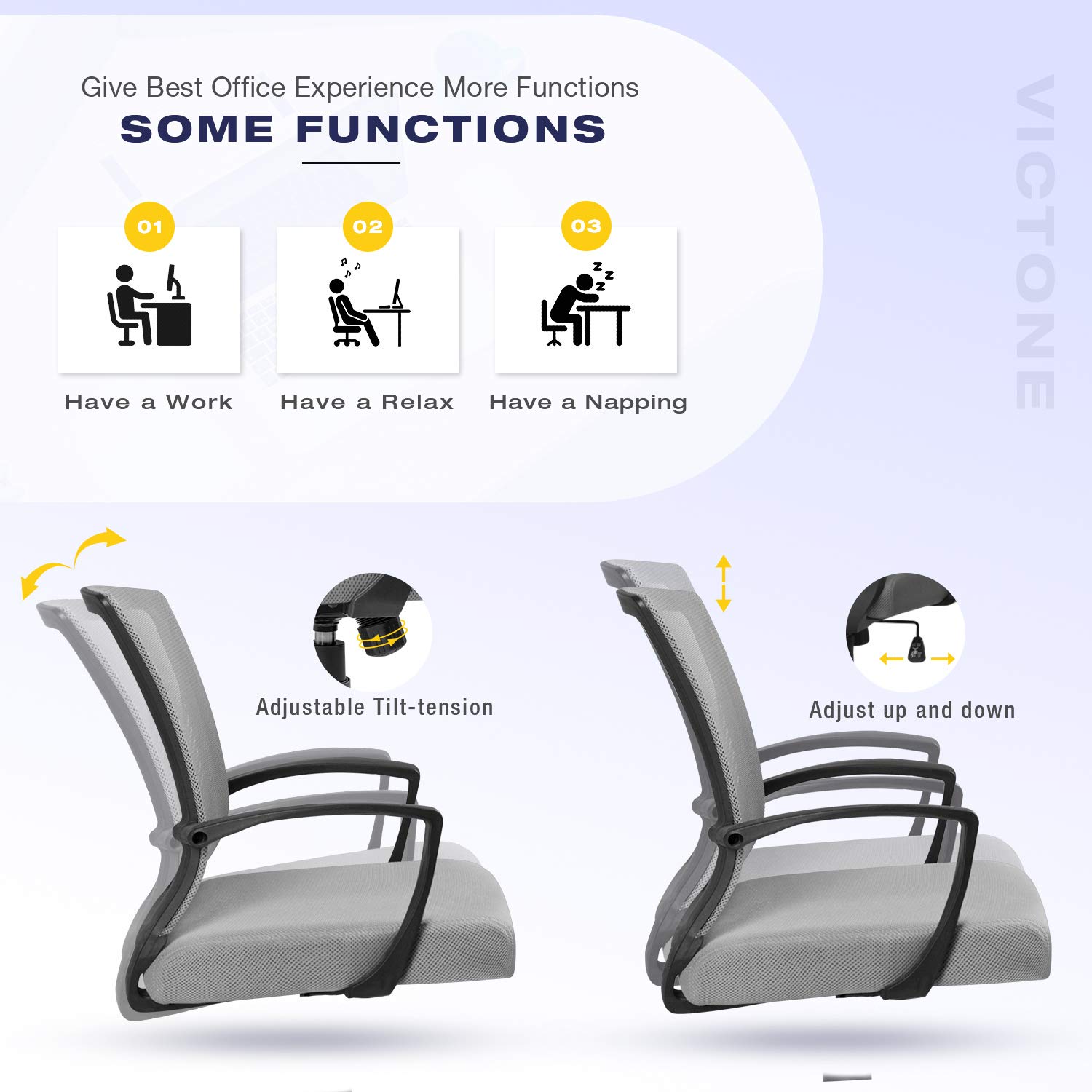 VICTONE Ergonomic Mesh Office Chair with Lumbar Support - Mid Back Swivel Task Chair for Home Office, Computer Desk - Adjustable Height & Breathable Mesh (Gray) - Perfect for Long Hours of Work & Gaming