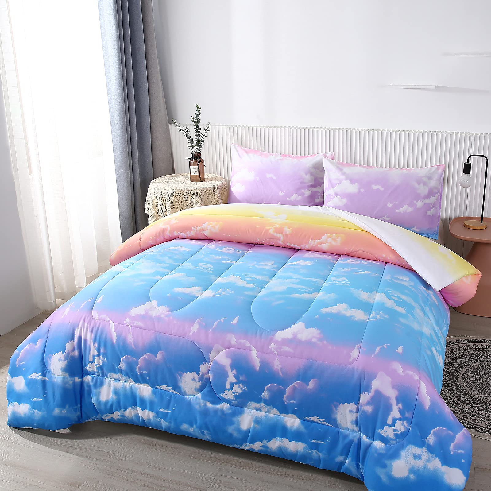 Mengersi Reversible Rainbow Comforter Set for Girls - Twin Size Pink & Sky Blue Solid Bedding - Perfect for Kids' Bedroom, Dorm Room & Sleepovers