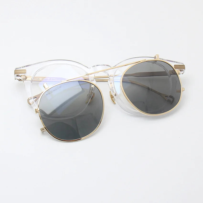 Stylish Unisex Black Acetate Round Full Rim Eyeglasses with Clip-On Polarized Sunglasses - Perfect for Outdoor Activities, Driving, and Fashion Accessories
