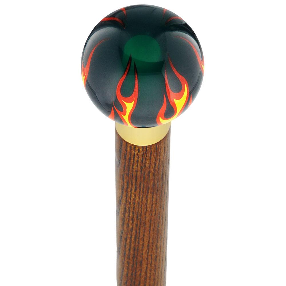 Burst of Flames Green Transparent Round Knob Walking Cane with Custom Color Ash Shaft & Collar - Premium Mobility Aid for Hiking, Fashion Accessory & Elderly Support
