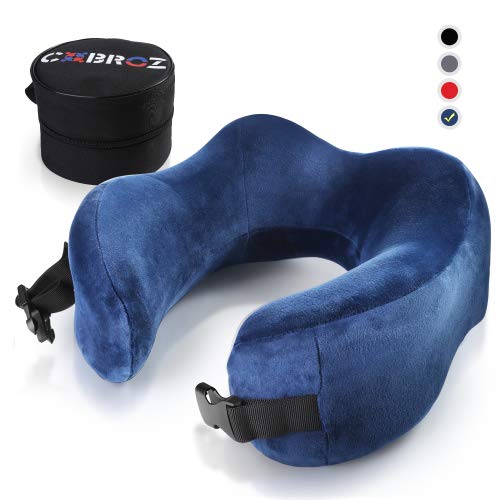 Ultra Comfort Memory Foam Travel Pillow - Thin Back Design with Head, Neck & Chin Support - Perfect for Airplane, Train & Car Rides - Ergonomic Travel Accessories for Long Flights & Road Trips (Blue)