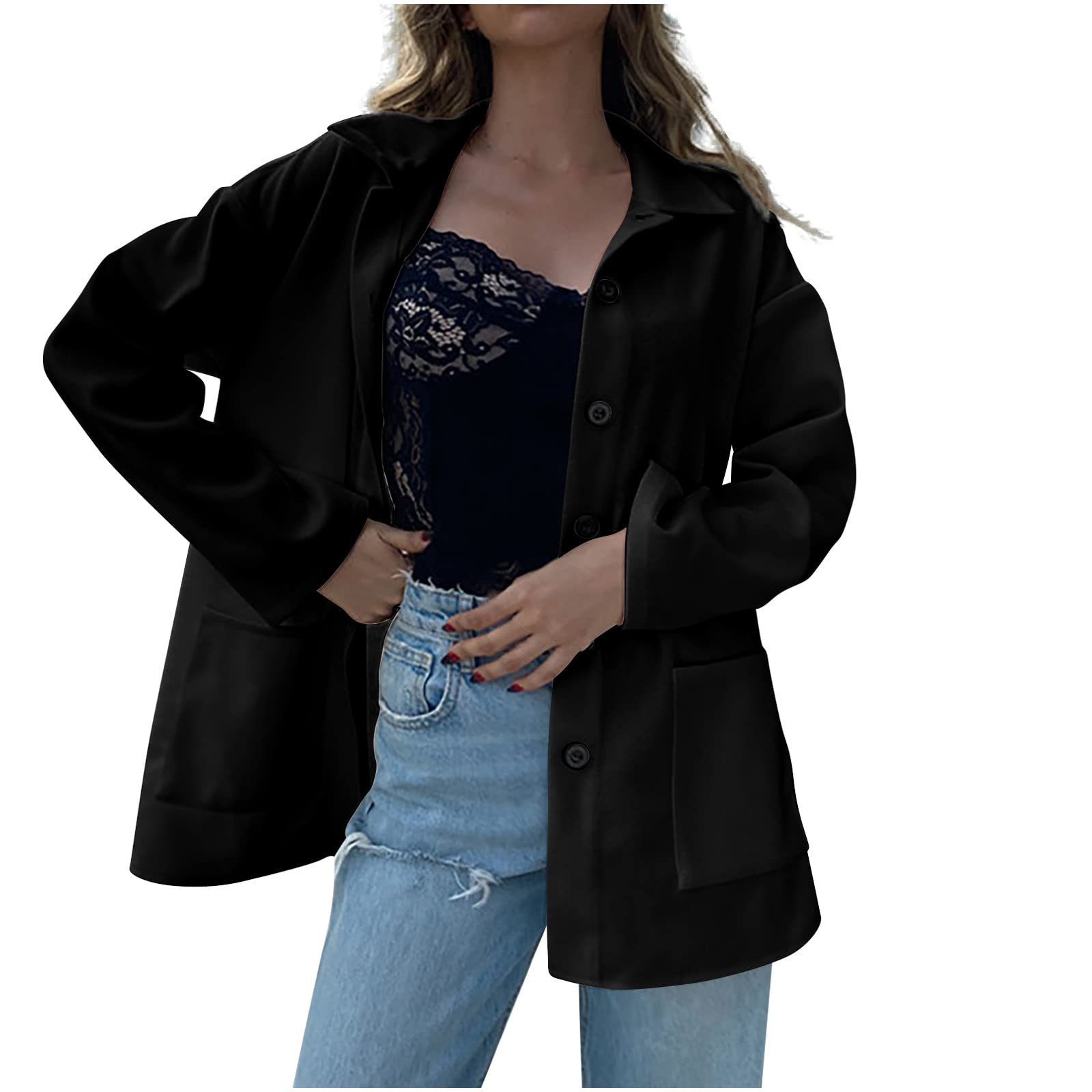 Women's Long Sleeve Cardigan Jacket with Lapel & Side Pockets - Solid Color Loose Outerwear for Fall, Spring & Winter - Perfect for Office, Travel & Casual Outfits